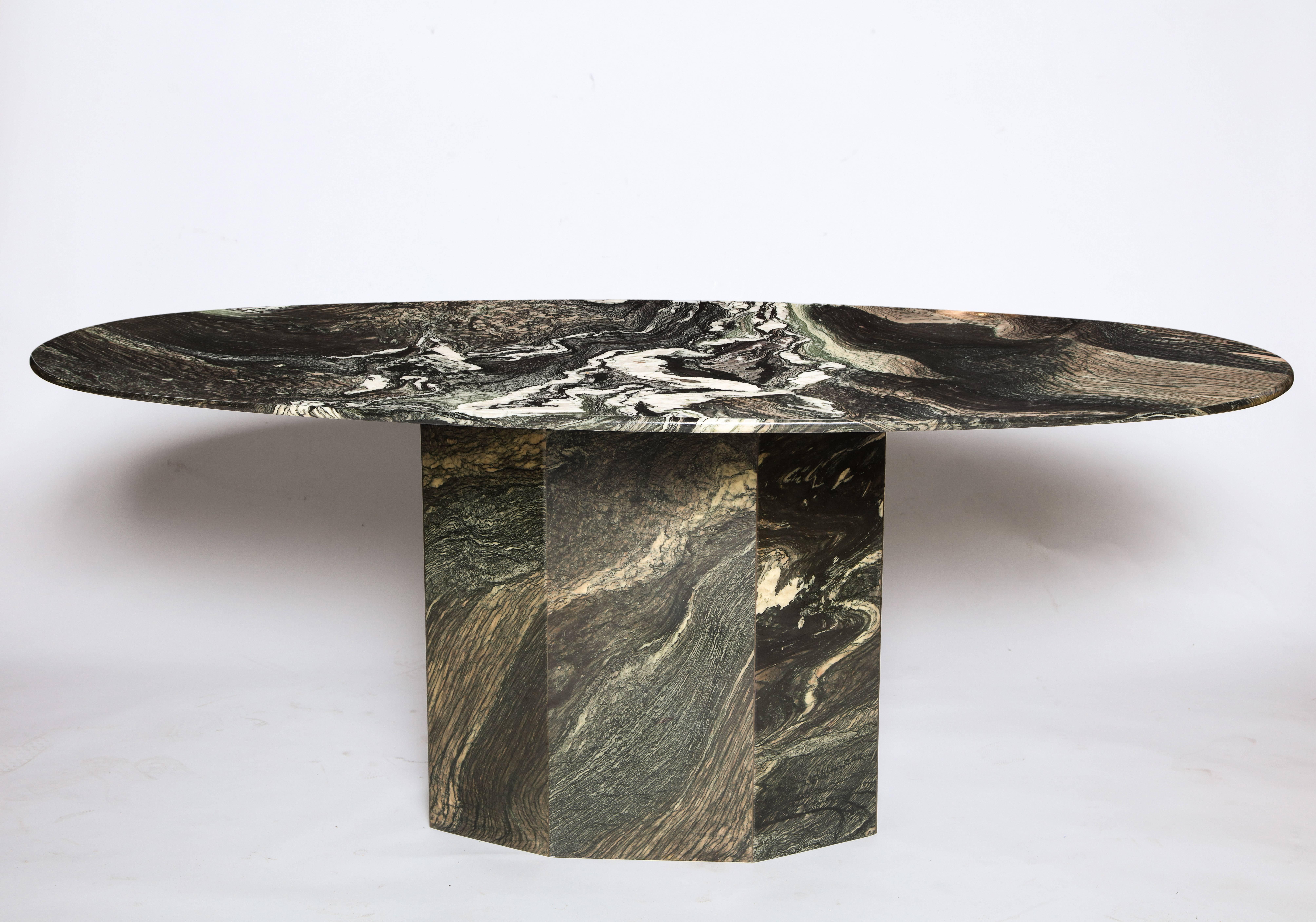 French brown green black white marble dining table desk, 1980s, France

Incredible organic Veining on this table with an array of colors that match any decor. Made in France in the 1980s.