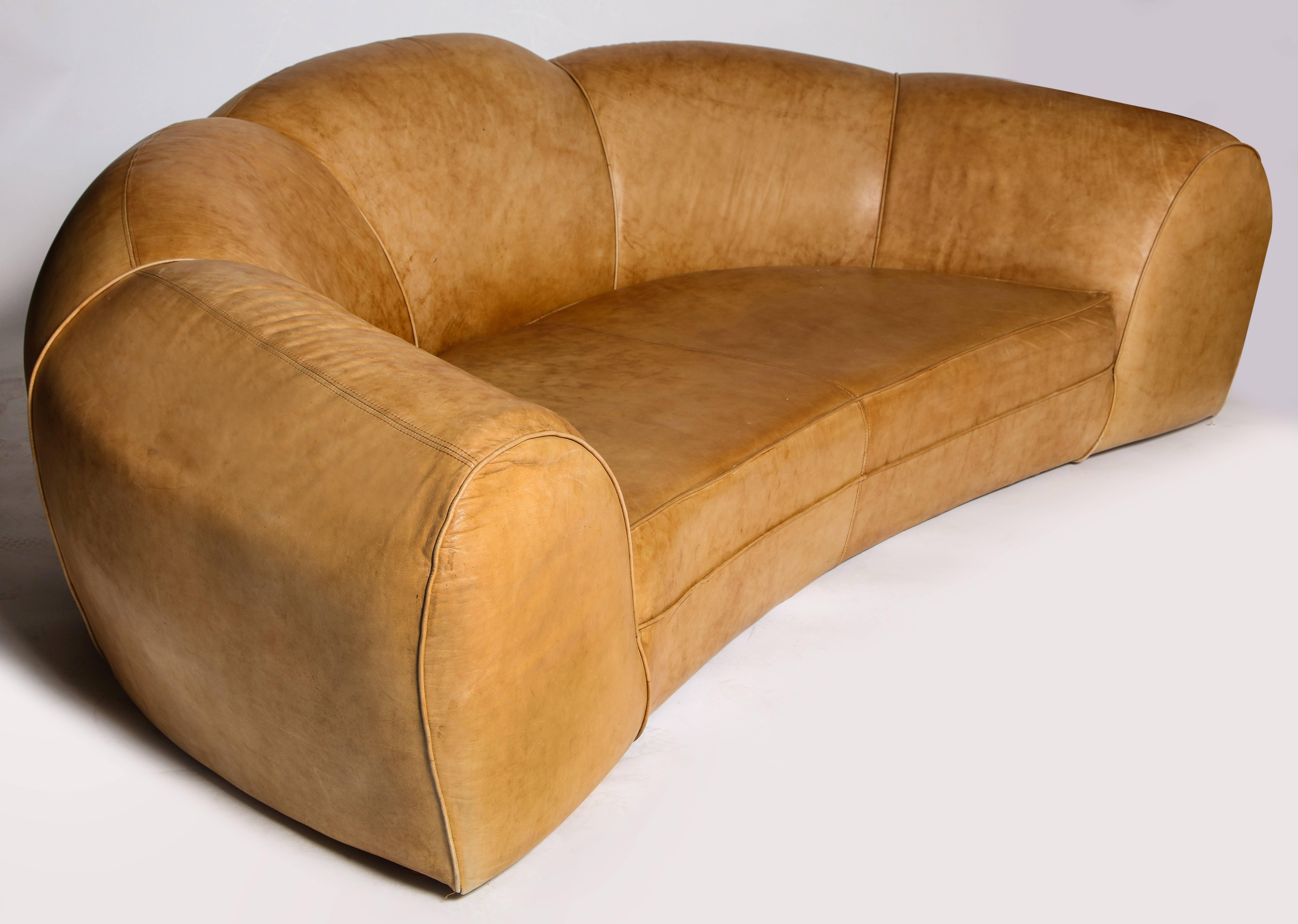 Jean Royere style polar bear monumental cresent brown leather sofa, 1980s, France

Absolutely unusual and huge leather sofa made in 1980s, France. The leather is very high quality and incredibly soft in beautiful condition. This is a very large