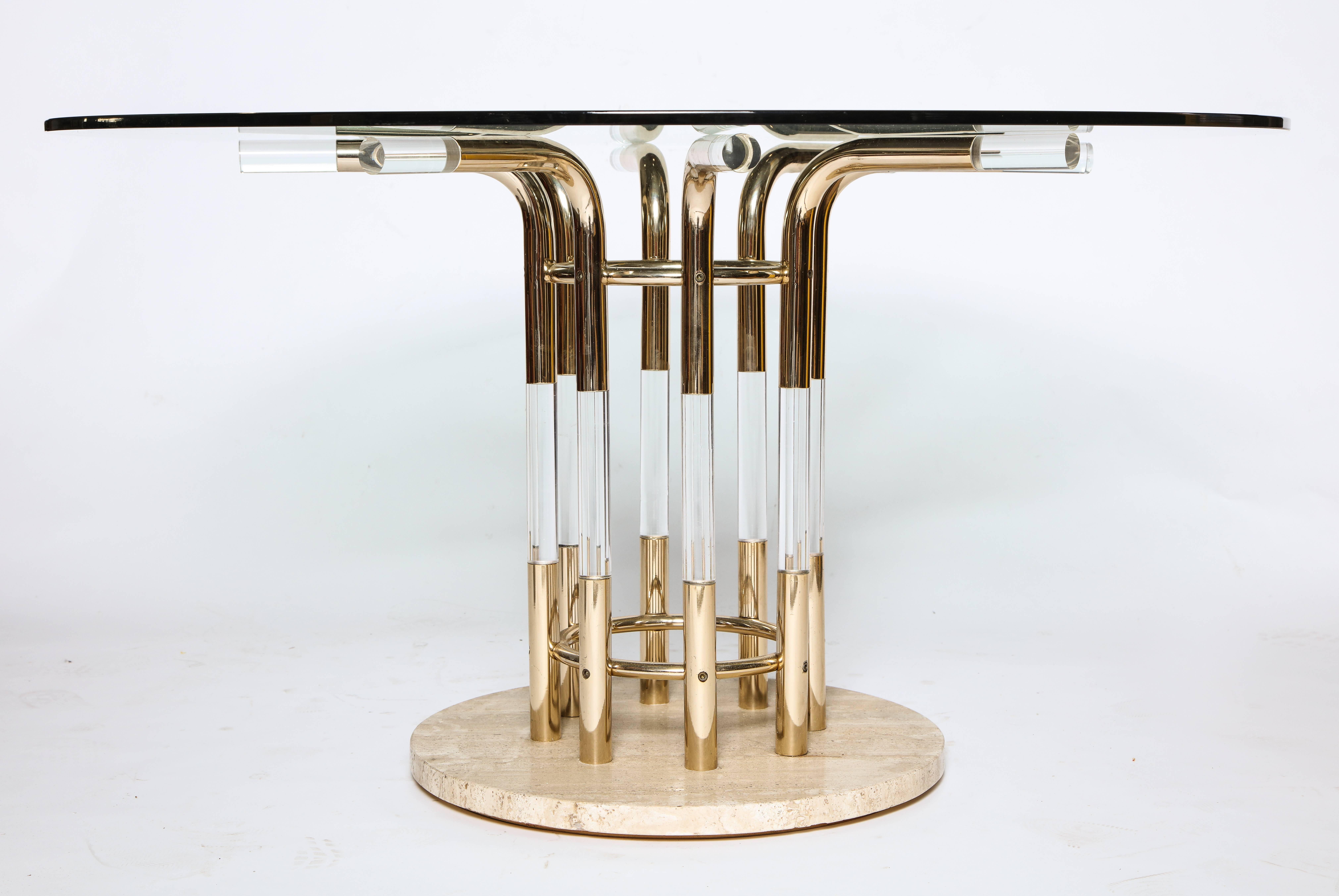 Vintage Lucite Marble and Brass Centre or Dining Table, France, 1970s In Good Condition In New York, NY