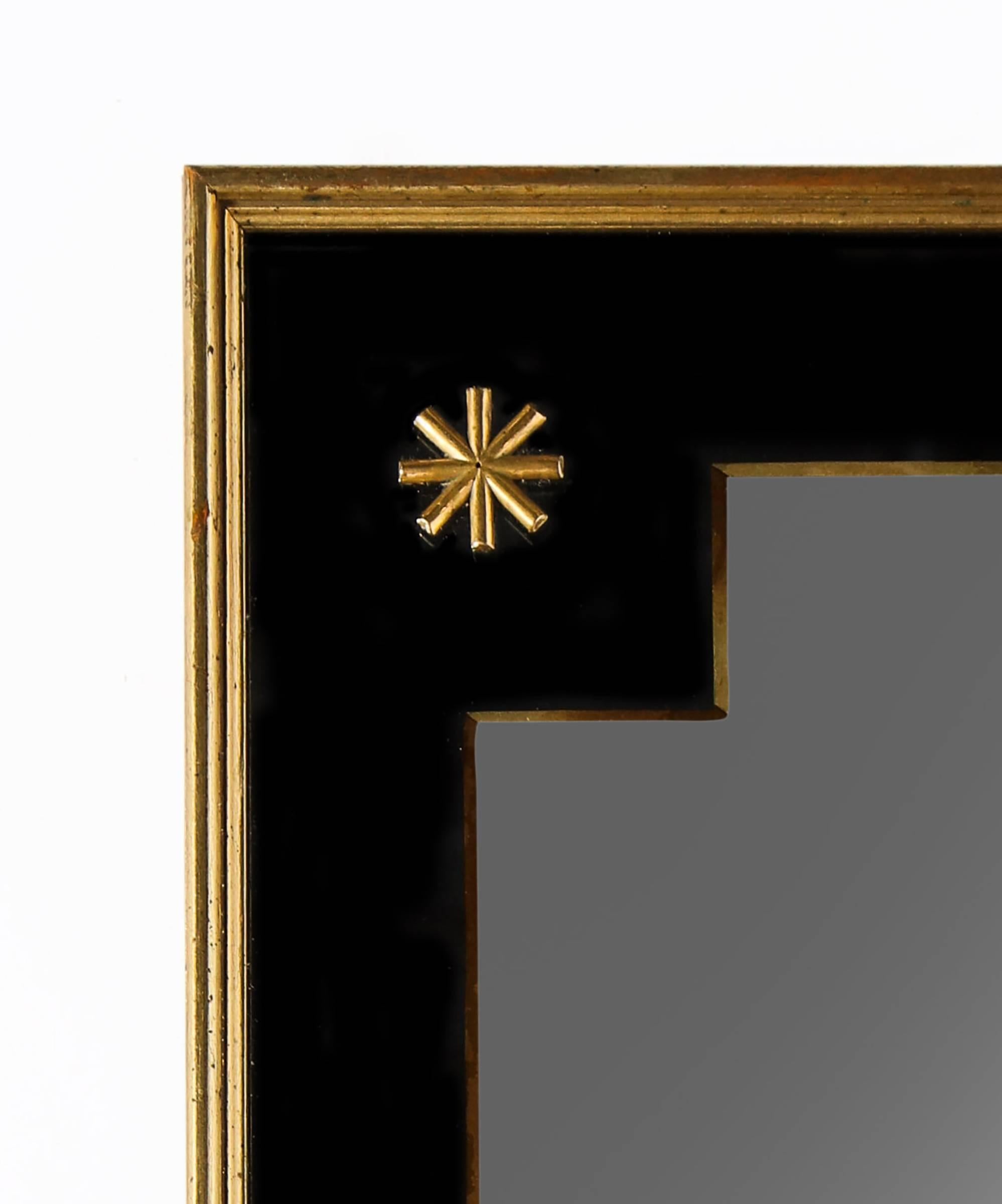 Pierre Lardin smoked glass giltwood deco mirror black and gold, 1940s, France

Lovely mirror with smoked glass border and giltwood stars and frame.