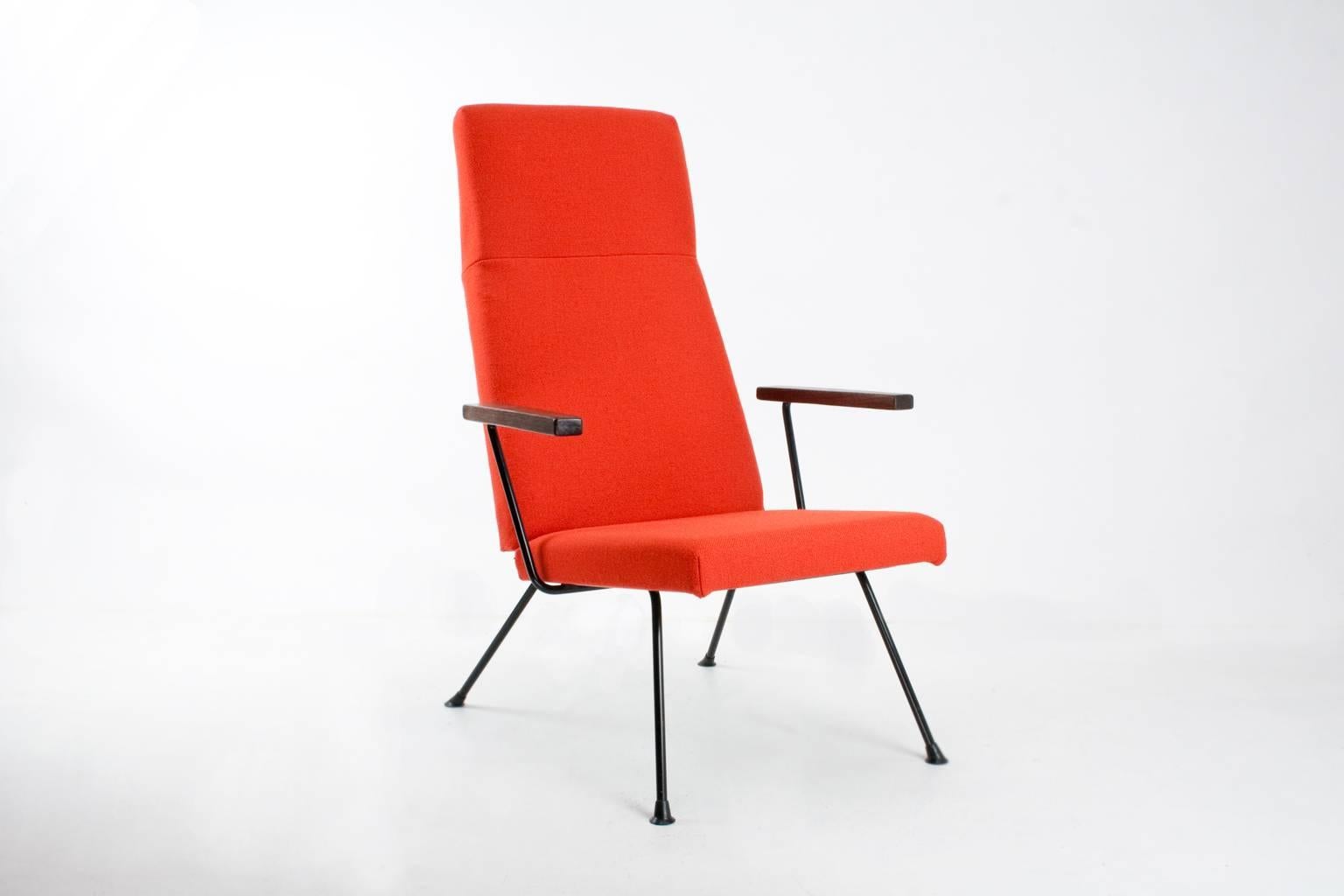 A.R. Cordemeyer 1410 Easy chair designed for Gispen in 1959. 

The chair has been recently upholstered in a bright red good quality, wool fabric, black metal frame and solid wenge armrests, all in very good condition. 

This model (1410) is