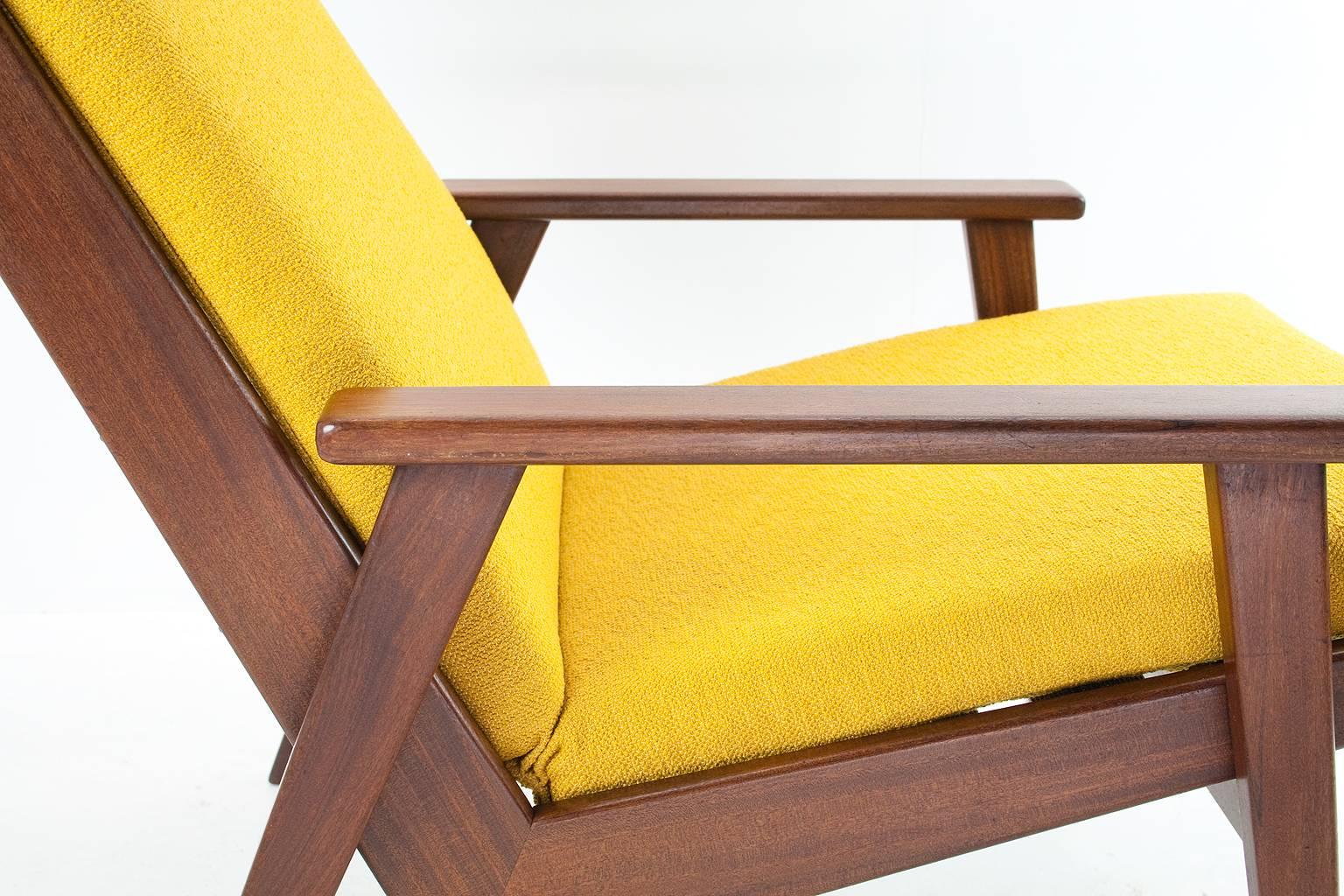 Fabric 1950s Dutch Easy Chair by Rob Parry Model Lotus in Teak with New Upholstery