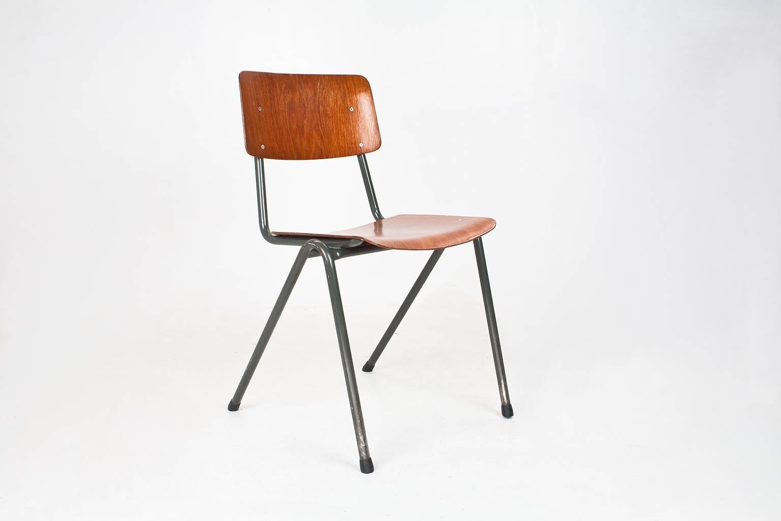 Dutch Industrial School Chairs 1970, Laminated Wood and Grey Metal Frame In Good Condition In Beek en Donk, NL