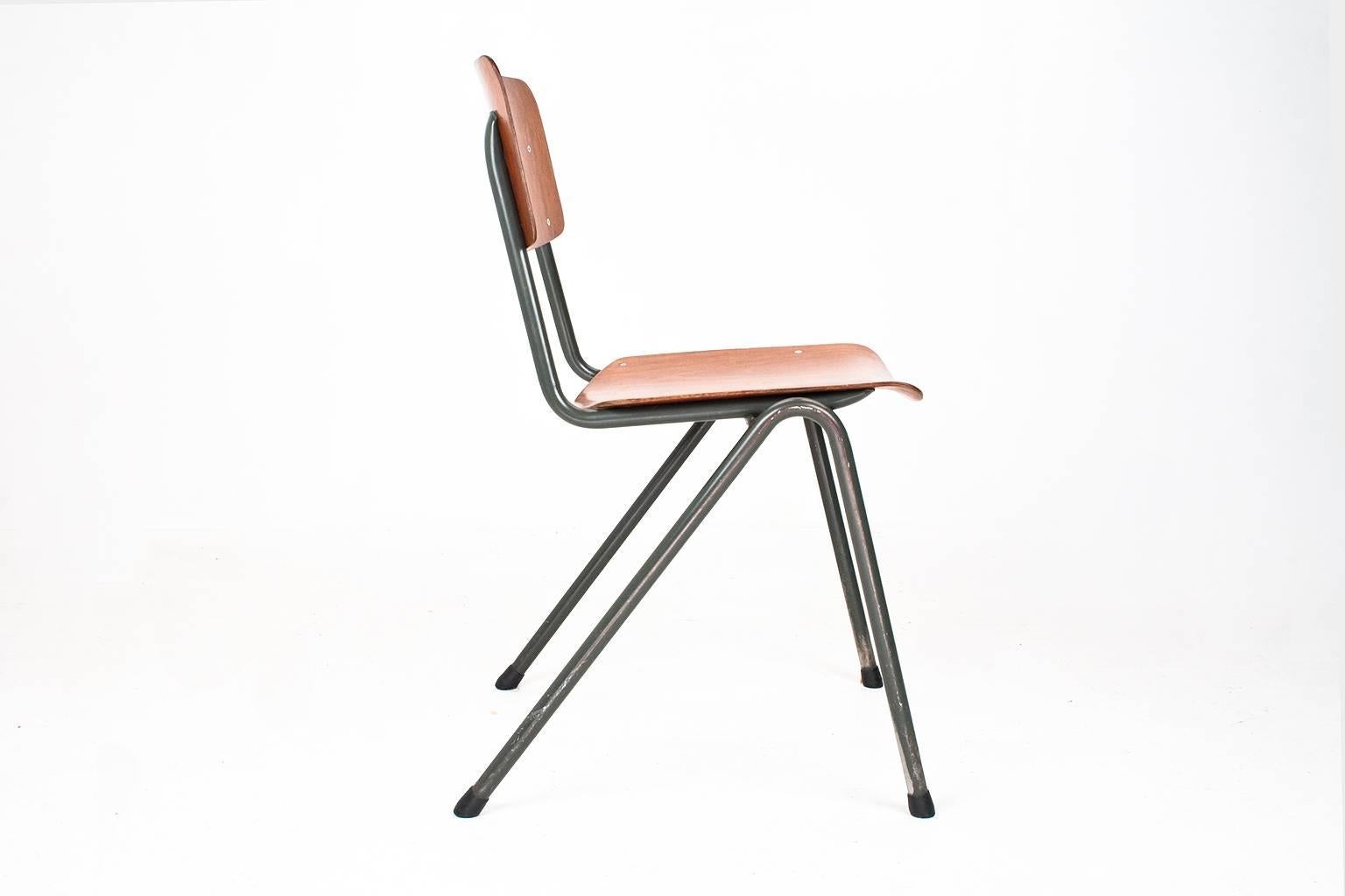 Late 20th Century Dutch Industrial School Chairs 1970, Laminated Wood and Grey Metal Frame