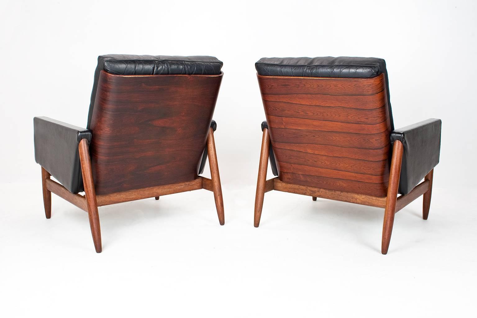 1950s Set of Scandinavian Mid-Century Leather, Teak and Rosewood Lounge Chairs In Good Condition In Beek en Donk, NL