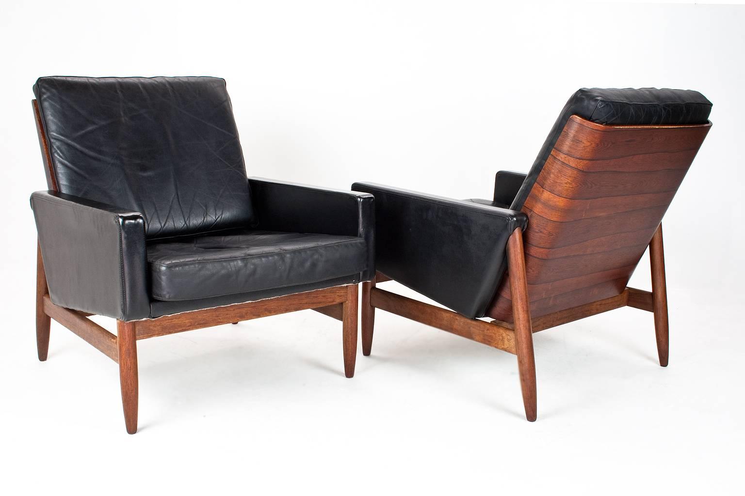 Mid-Century Modern 1950s Set of Scandinavian Mid-Century Leather, Teak and Rosewood Lounge Chairs