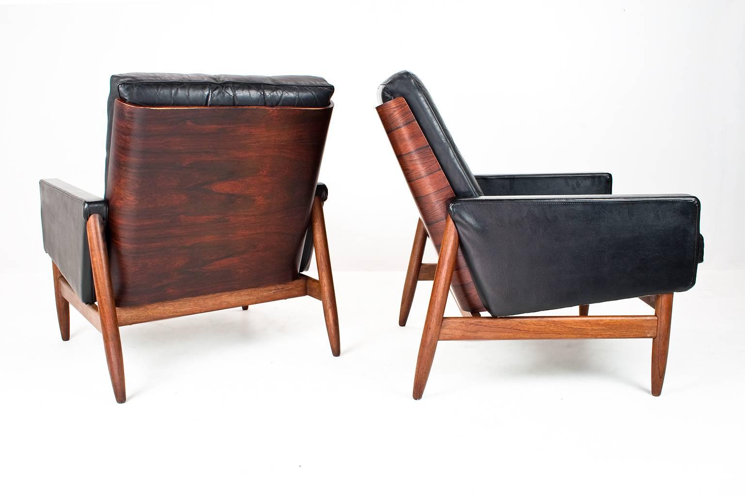 Oiled 1950s Set of Scandinavian Mid-Century Leather, Teak and Rosewood Lounge Chairs