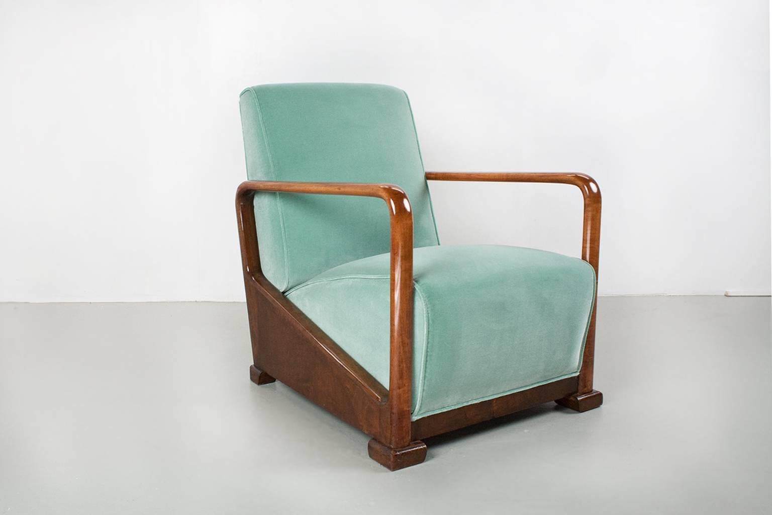 Mid-20th Century Art Deco Antique Cherry wooden Lounge Chair in New Velvet, 1934 Dutch Design
