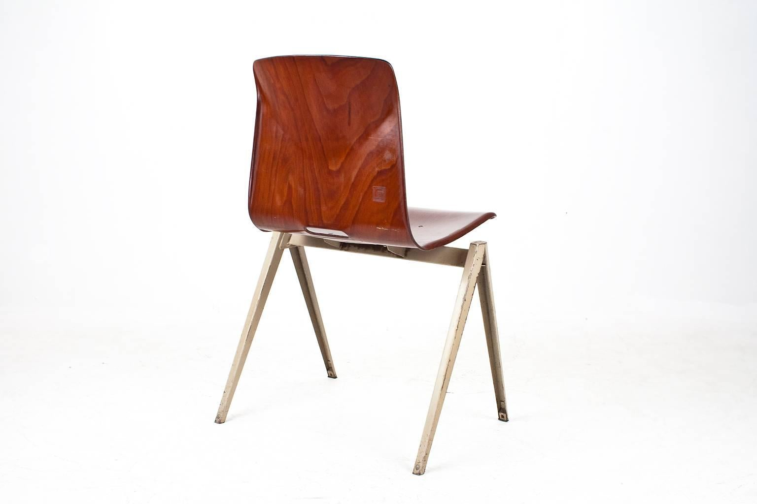 Mid-Century Modern Industrial Set of Eight Galvanitas Plywood and Metal School Chairs, 1960s