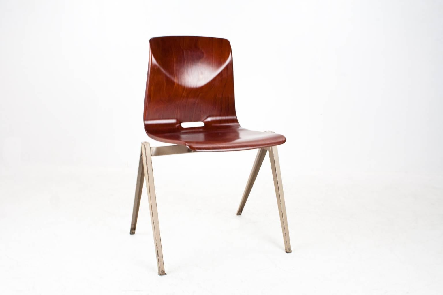 Dutch Industrial Set of Eight Galvanitas Plywood and Metal School Chairs, 1960s
