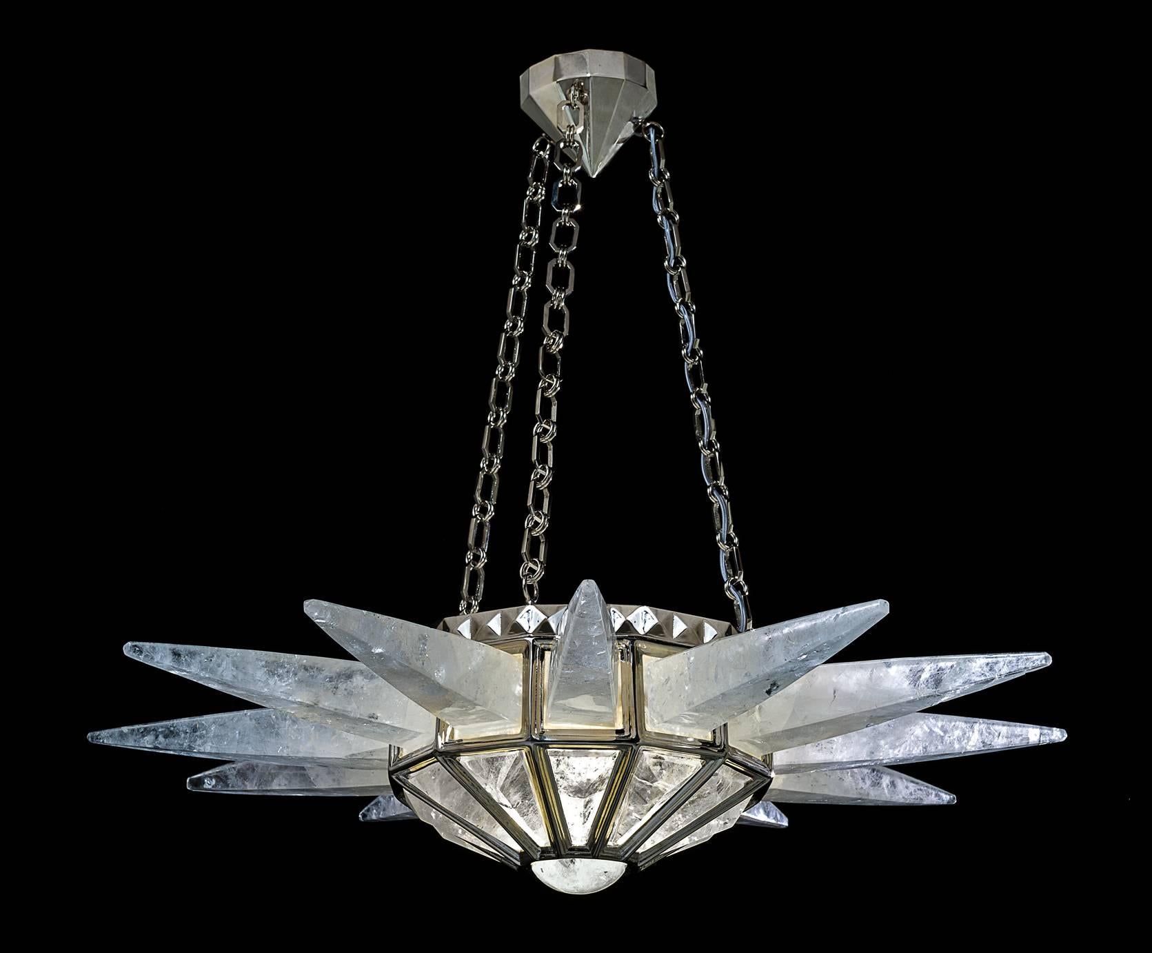 Rock crystal  quartz sunshine light, silver edition.
Original model design by Alexandre Vossion and made since 2014.
The fixture, chains and canopy of this rock crystal chandelier are handmade in bronze in PARIS.
Workers who made this model worked