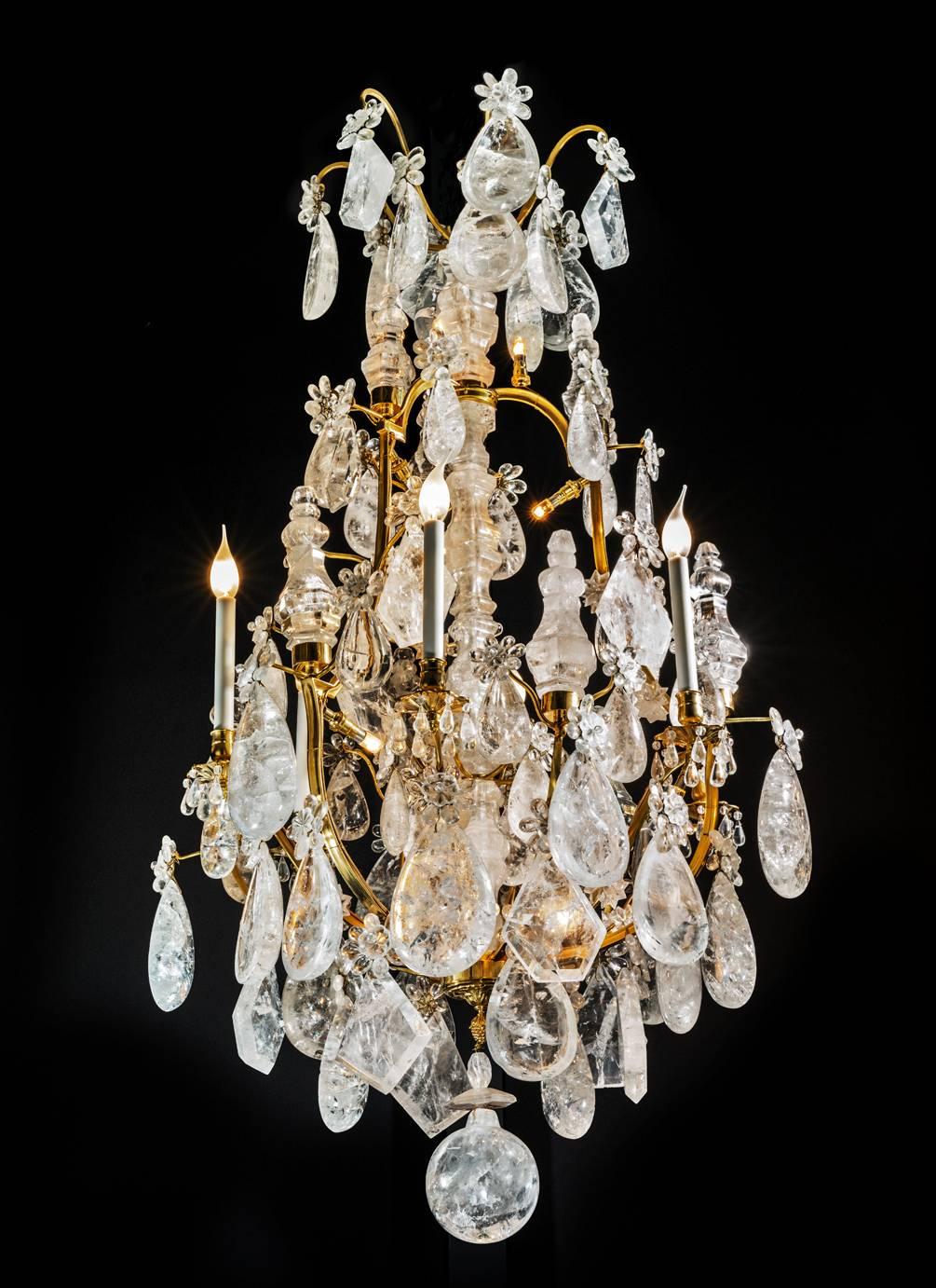 French ormolu bronze chandelier in the style of Louis the XV .
Modern rock crystal quartz stones  specially carved for this model.
No one chandelier in the world have such size of stone in this dimension .
Make this chandelier one of the most