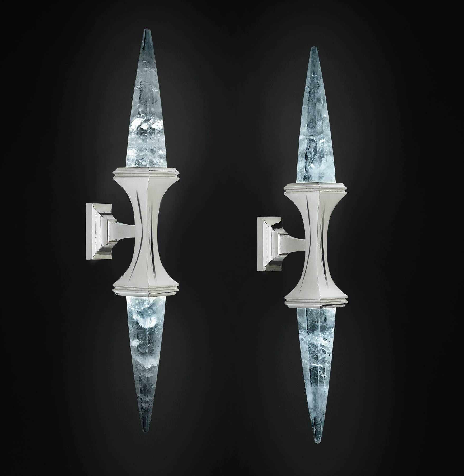 Rock crystal  quartz wall light I, silver edition.
Original model design by Alexandre Vossion and made since 2014.
These wall sconces are handmade in bronze in Paris.
Each workers who made this wall sconce belongs to a corporation and worked also