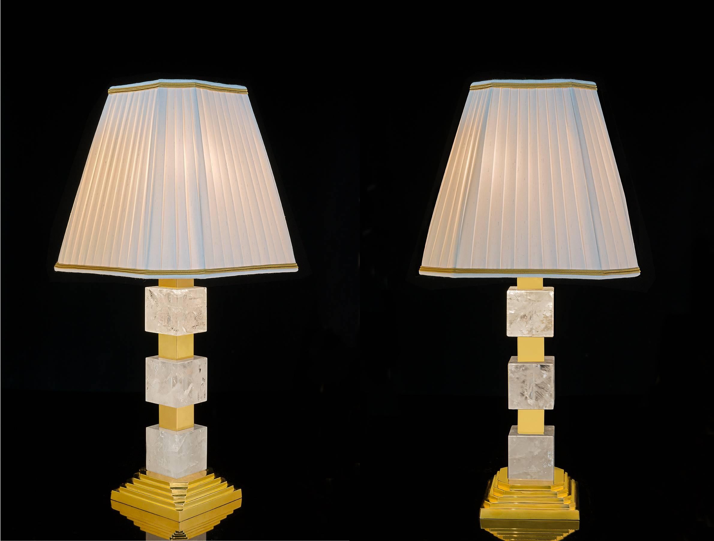 Rock crystal quartz Art Deco style pair of lamps made by Alexandre Vossion.
Gold edition also could be available in silver by request.
Dimension: 5.9 X 5.9 inches for the base
15.75 inches high under the lamp shades/27.5 with the shades.
The shades