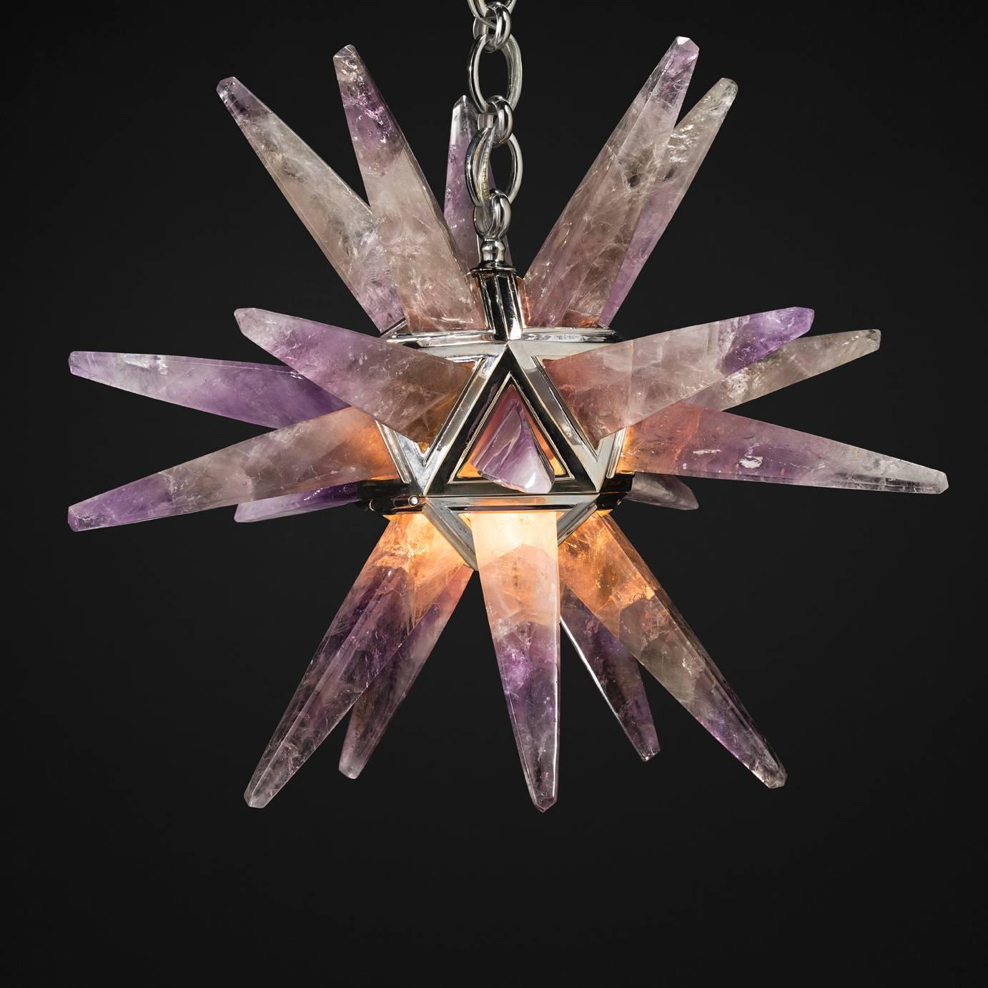 Amethyst star III chandelier, silver edition. The chain, canopy and the fixture of this amethyst lighting are handmade only in bronze. These parisian workers who belongs from different corporations made this chandelier in the tradition of the 18th