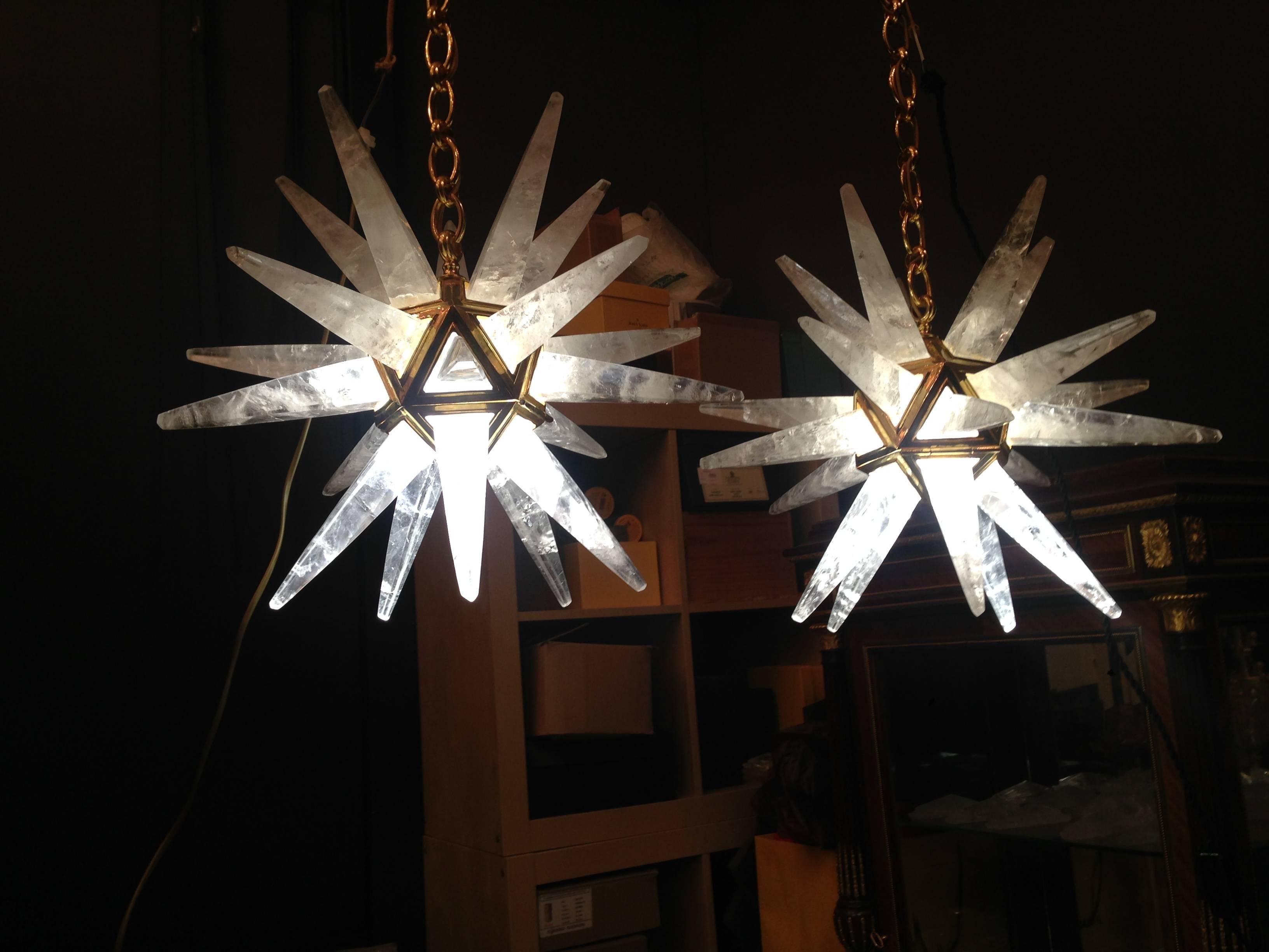Pair of Rock Crystal Star Chandeliers by Alexandre Vossion For Sale 1