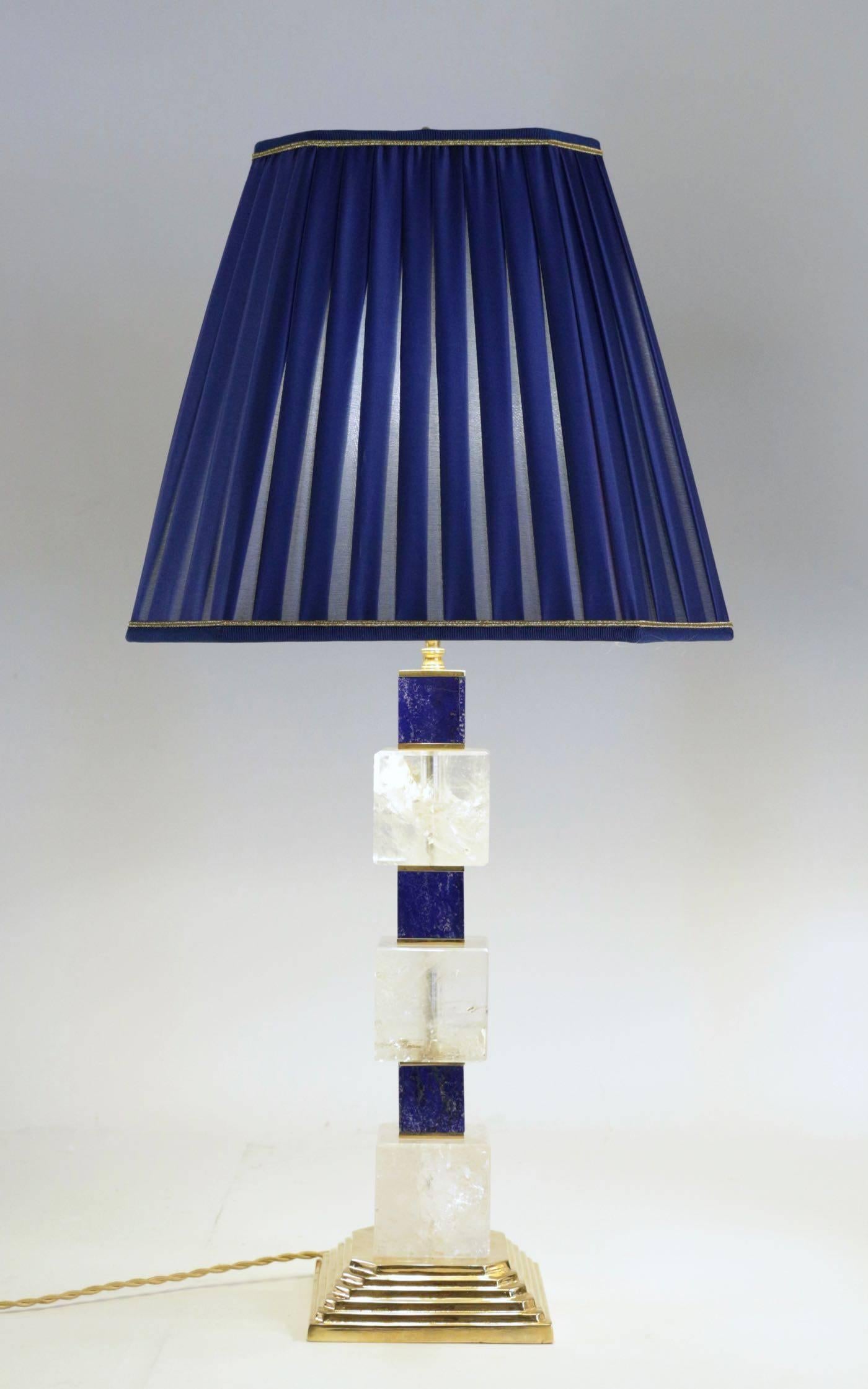 Art Deco Exclusive Pair of Rock Crystal and Lapis Lazuli Lamps by Alexandre Vossion