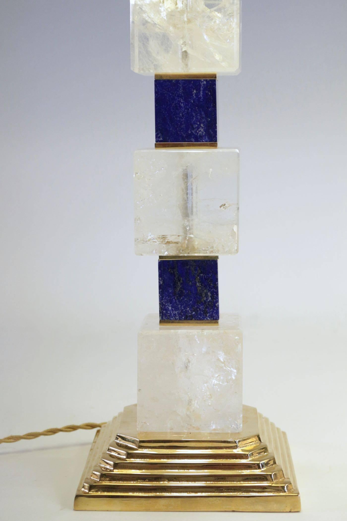 French Exclusive Pair of Rock Crystal and Lapis Lazuli Lamps by Alexandre Vossion