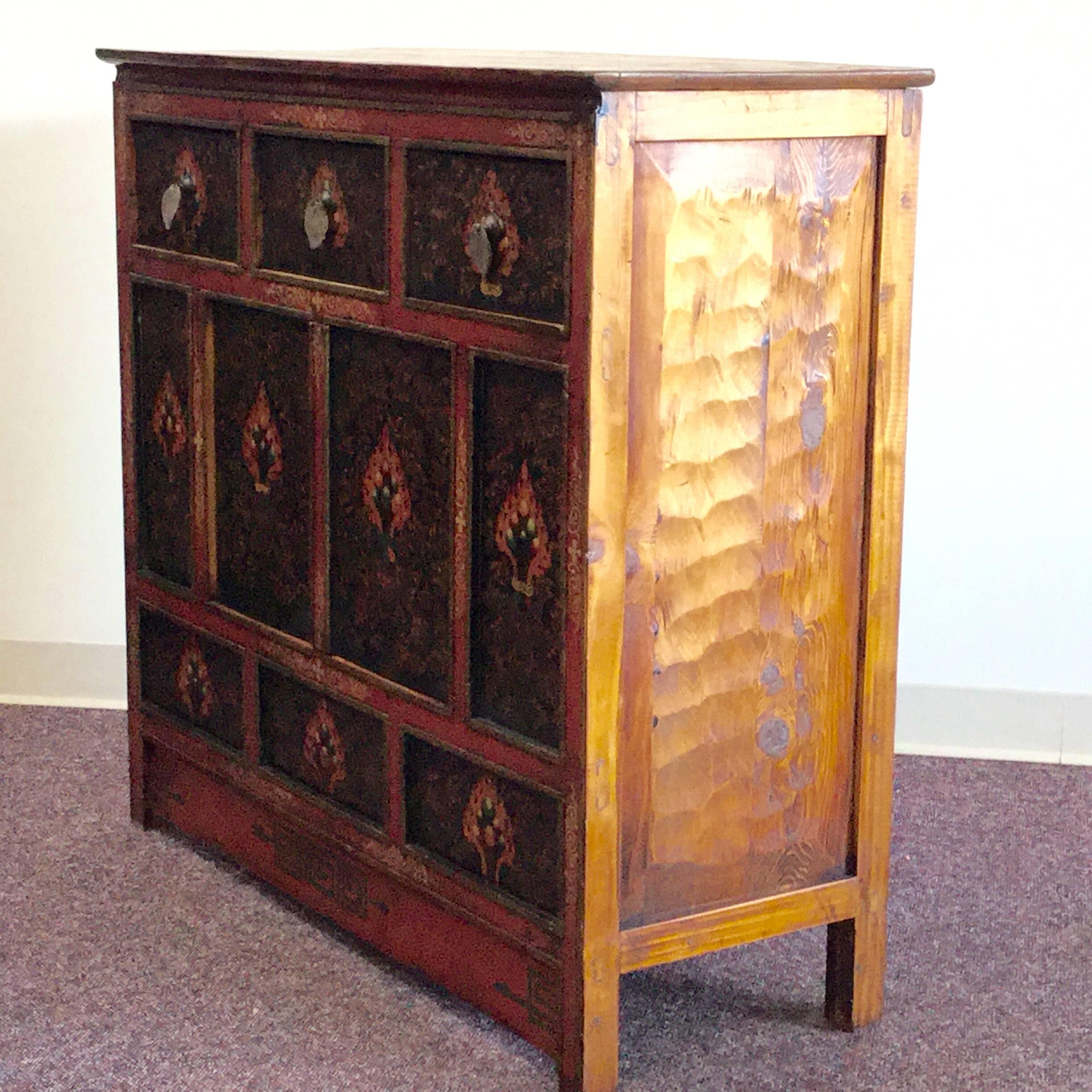 Hand-Carved Tibetan Polychrome Cabinet with Drawers