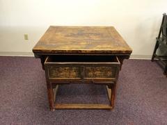 19th Century Chinese Square Kitchen Table, Walnut, Hand-Painted, Lotus Motif