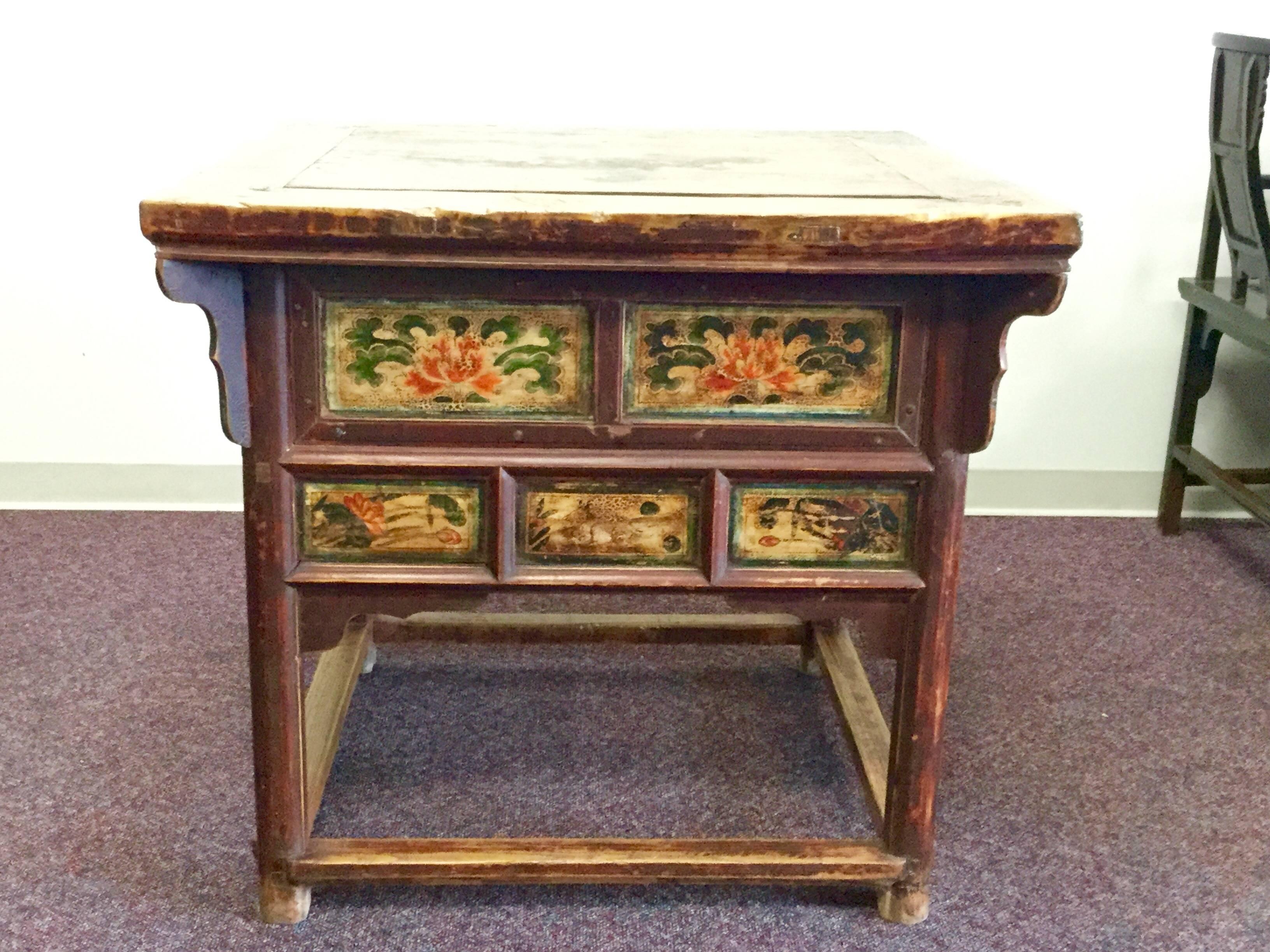 19th Century Chinese Square Kitchen Table, Walnut, Hand-Painted, Lotus Motif In Good Condition For Sale In Santa Fe, NM
