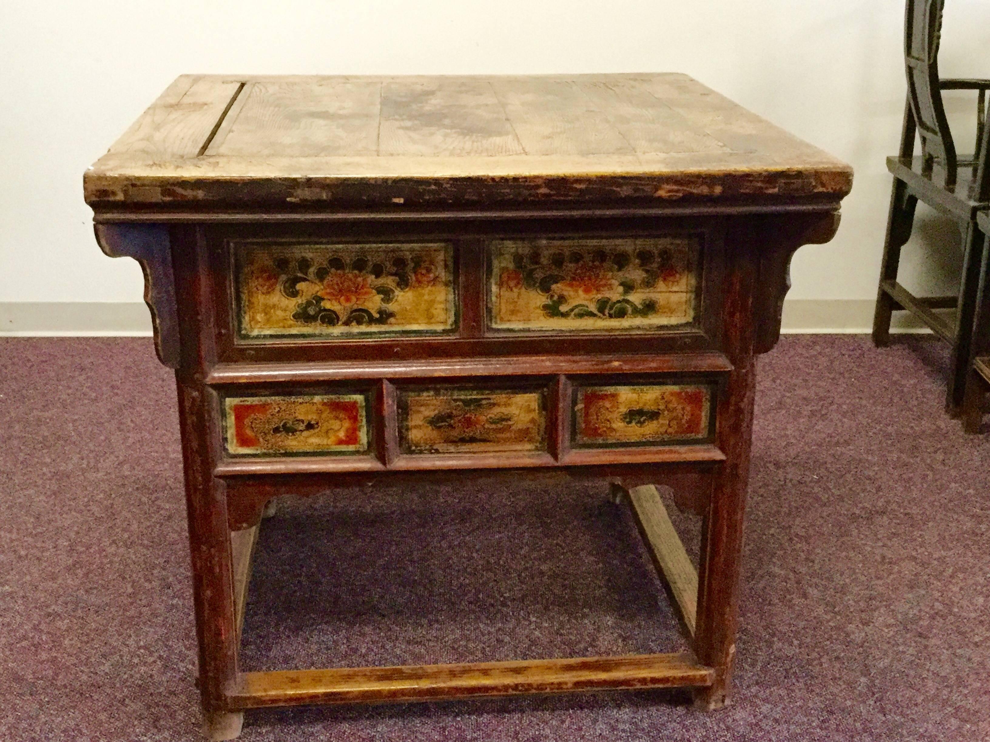 19th Century Chinese Square Kitchen Table, Walnut, Hand-Painted, Lotus Motif For Sale 1
