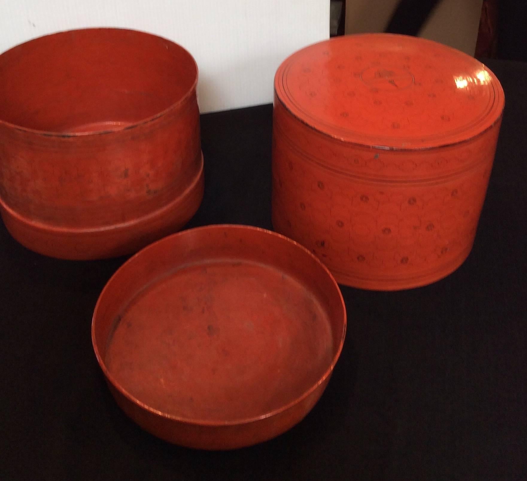 Burmese Red Lacquer Lunch Box In Good Condition In Santa Fe, NM
