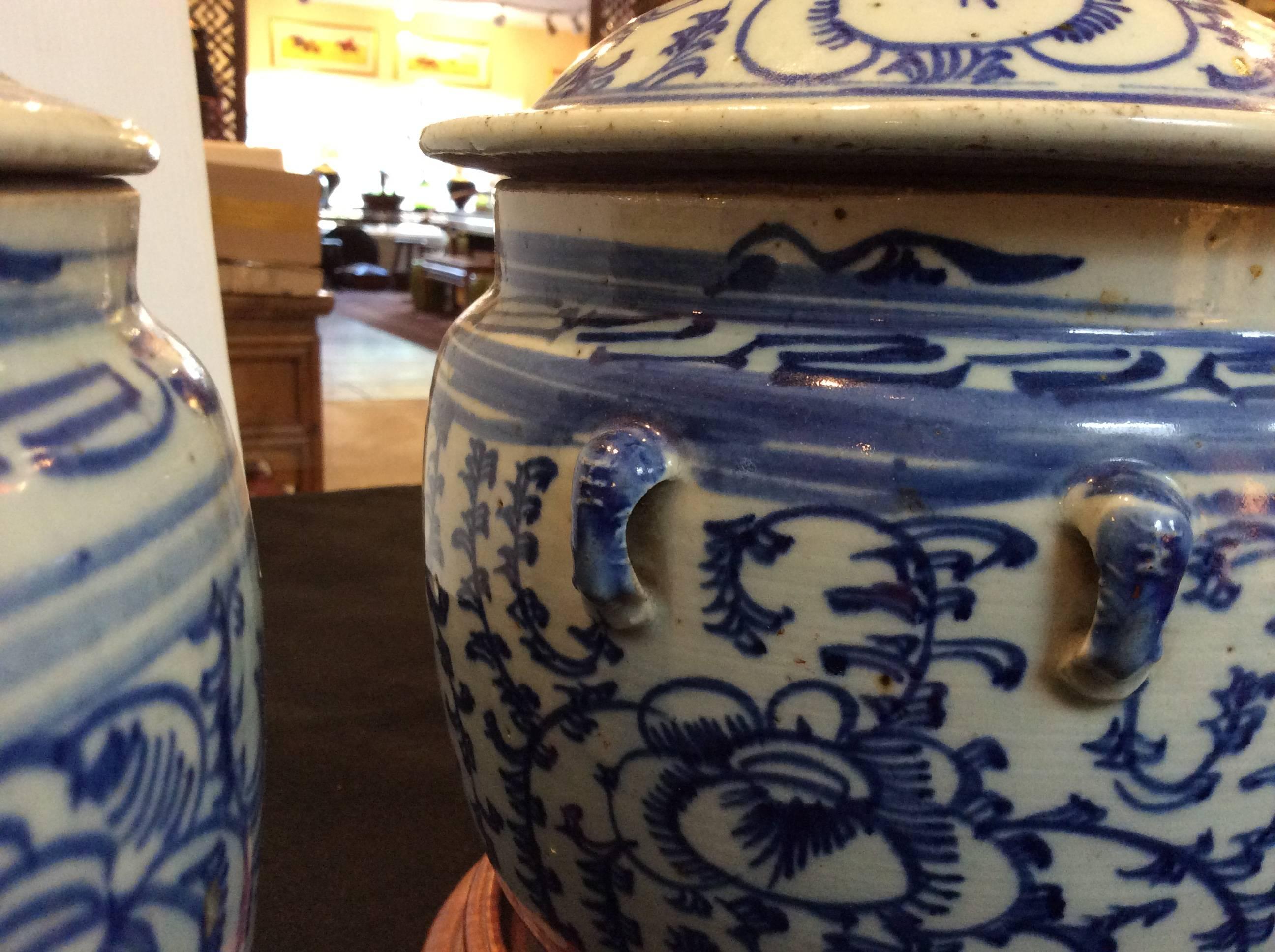 Hand-Painted Pair of Lidded Qing Dynasty Congee Jars