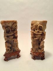Pair of Hand-Carved Chinese Candle Holders on Rosewood Stands