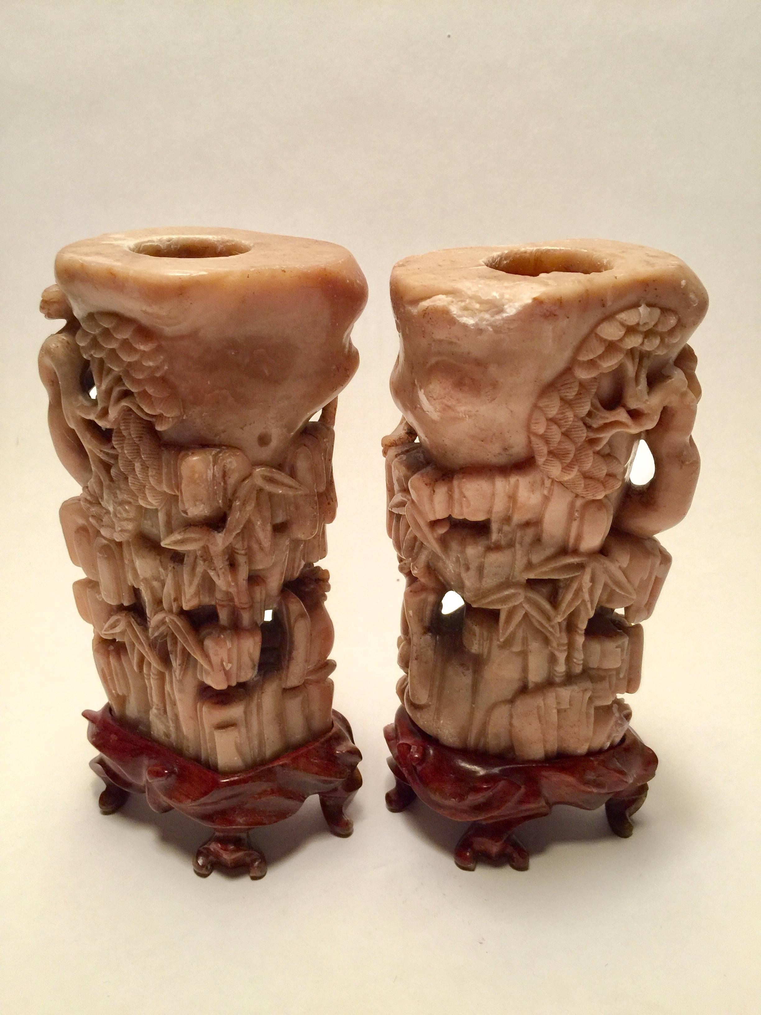 Pair of Hand-Carved Chinese Candle Holders on Rosewood Stands In Good Condition In Santa Fe, NM