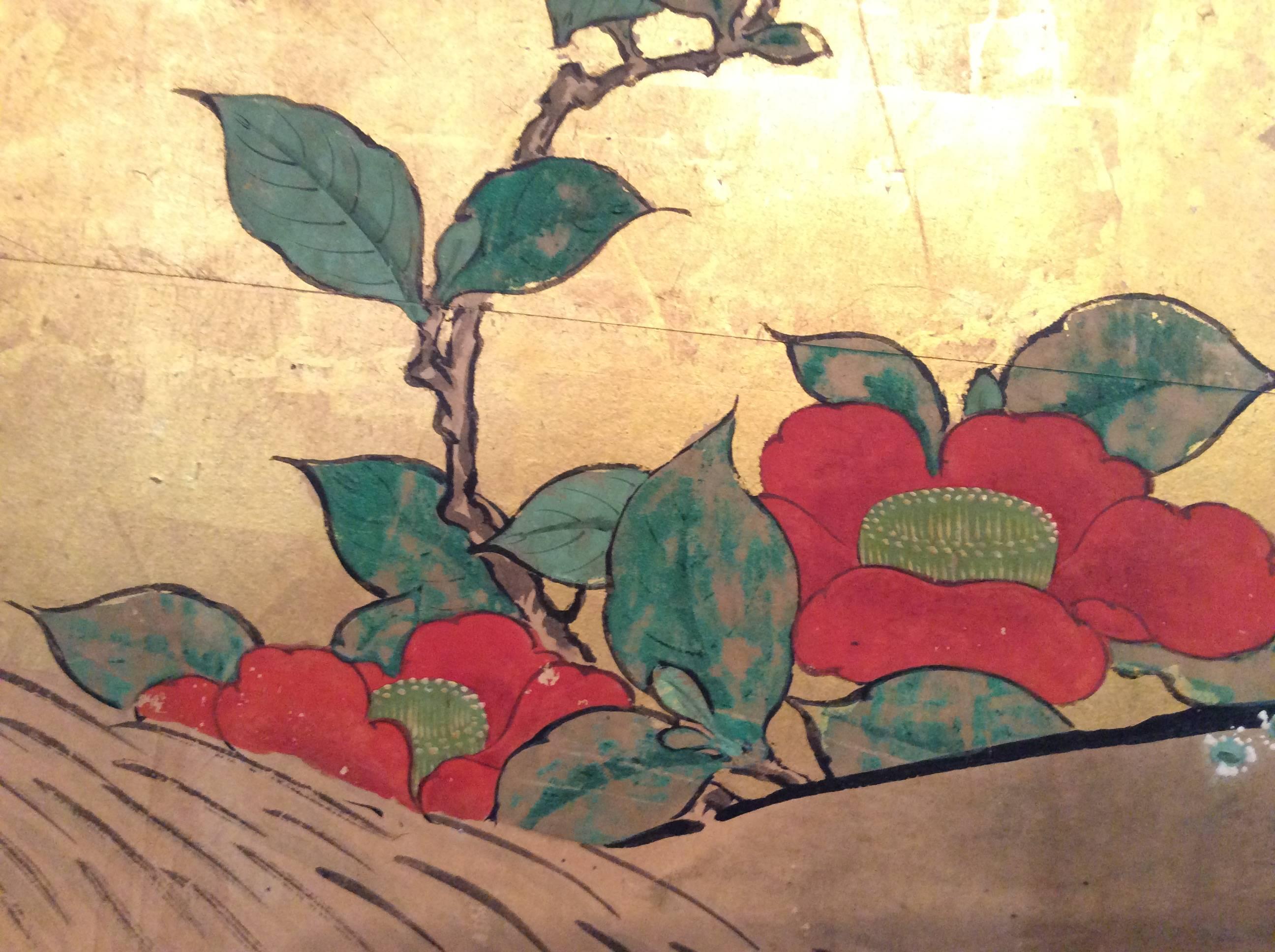 Hardwood Edo Period Byobu Japanese Screen Cherry Blossoms and Birds For Sale