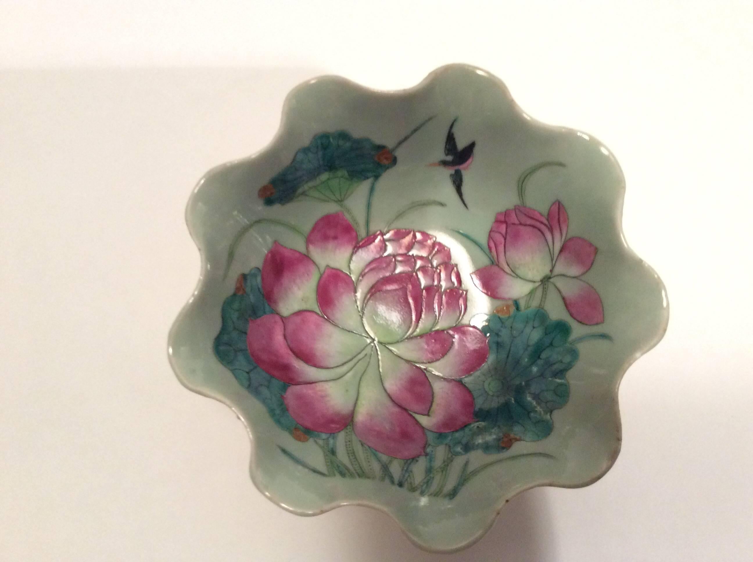 This lovely bowl is delicately painted on a celadon background with garden scenes including various insects. It is over one hundred years old and was purchased in 1963 by a Pan-Am Stewardess in Hong Kong.