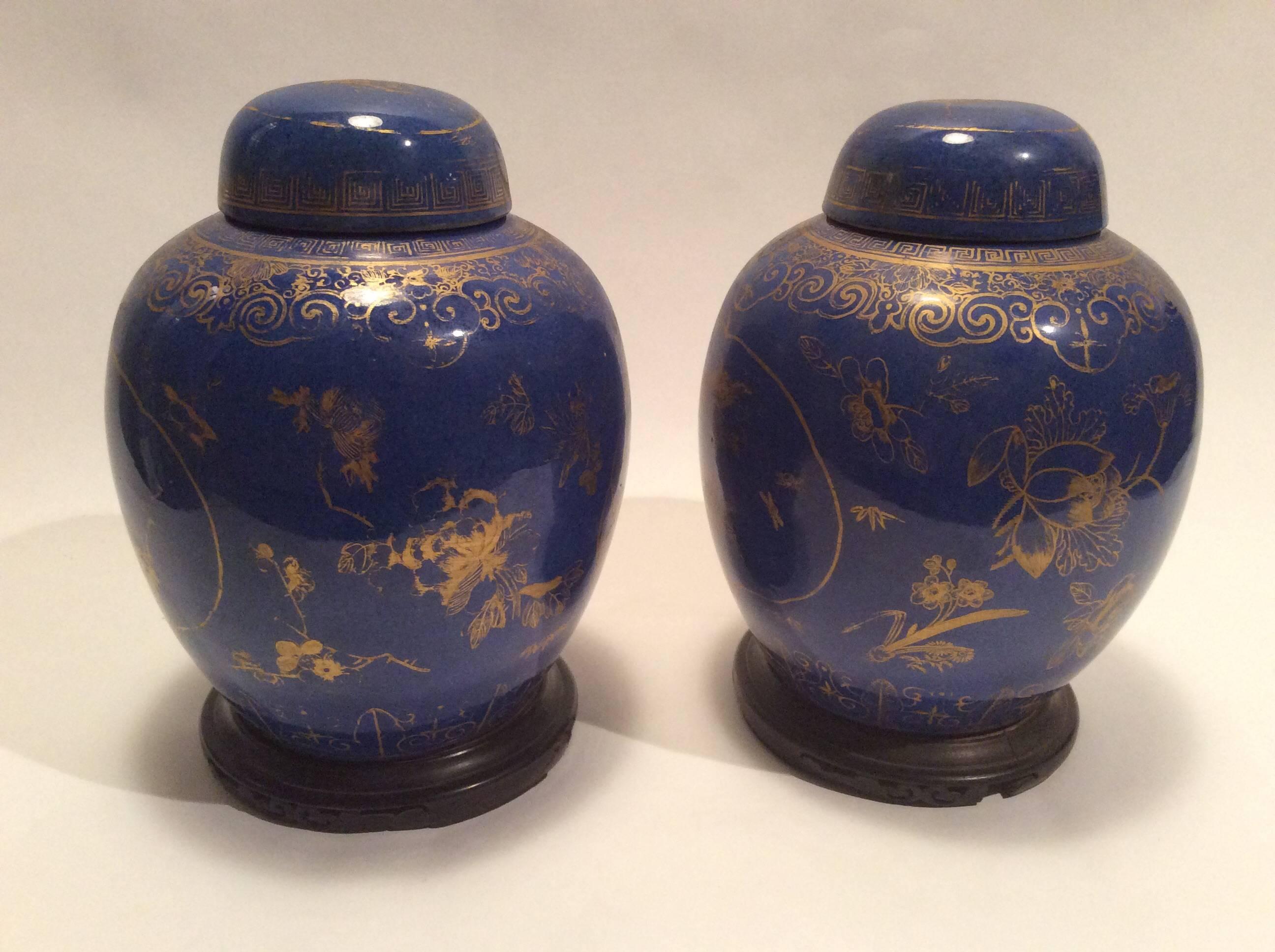 Unusual in that we have here a solid cobalt background with gilt decoration. These were purchased in the 1920s at the renowned importer of Chinese ceramics Ovington's in New York.
 