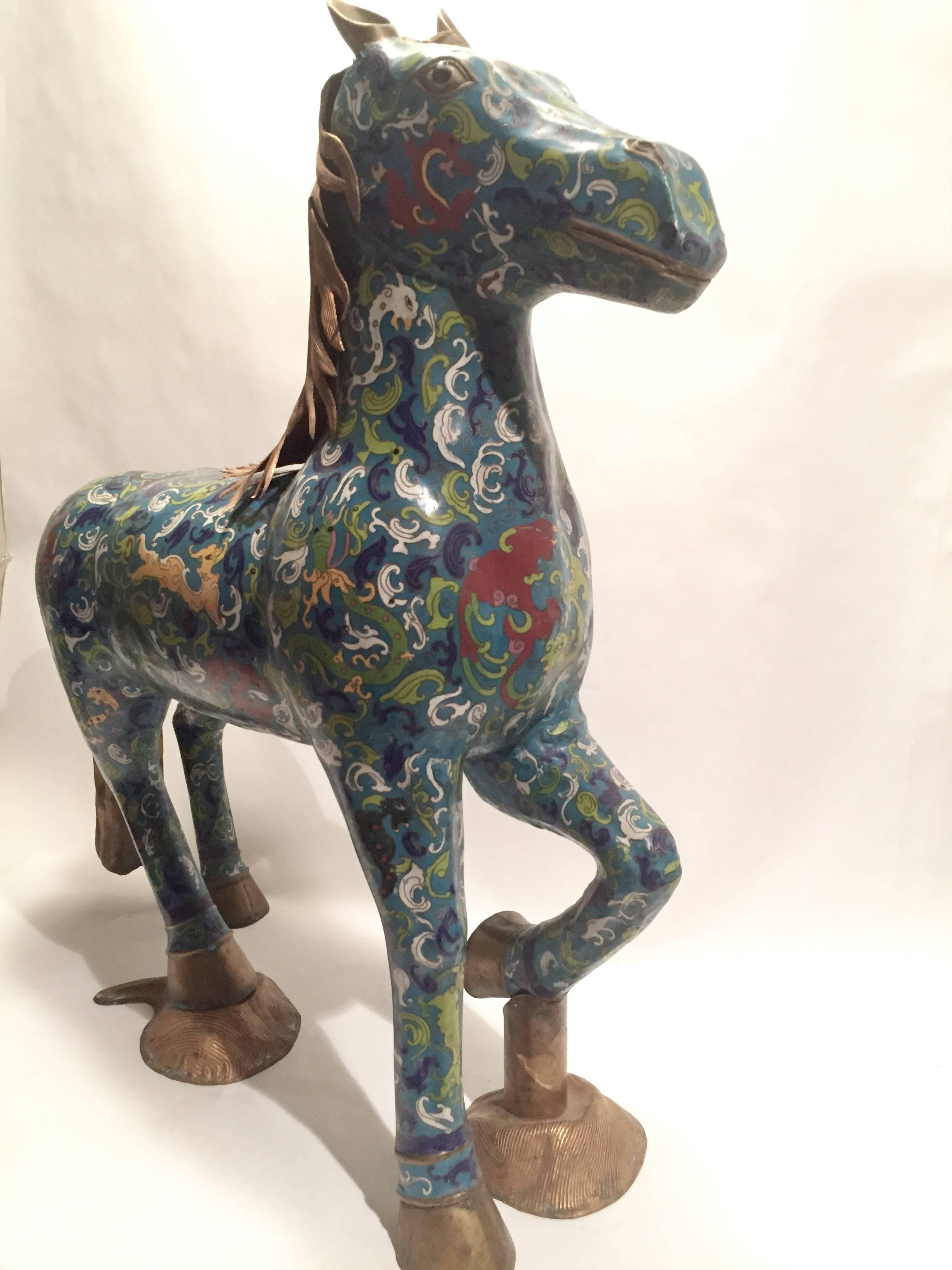 Pair of Chinese Cloisonne Horses, 20th Century In Good Condition For Sale In Santa Fe, NM