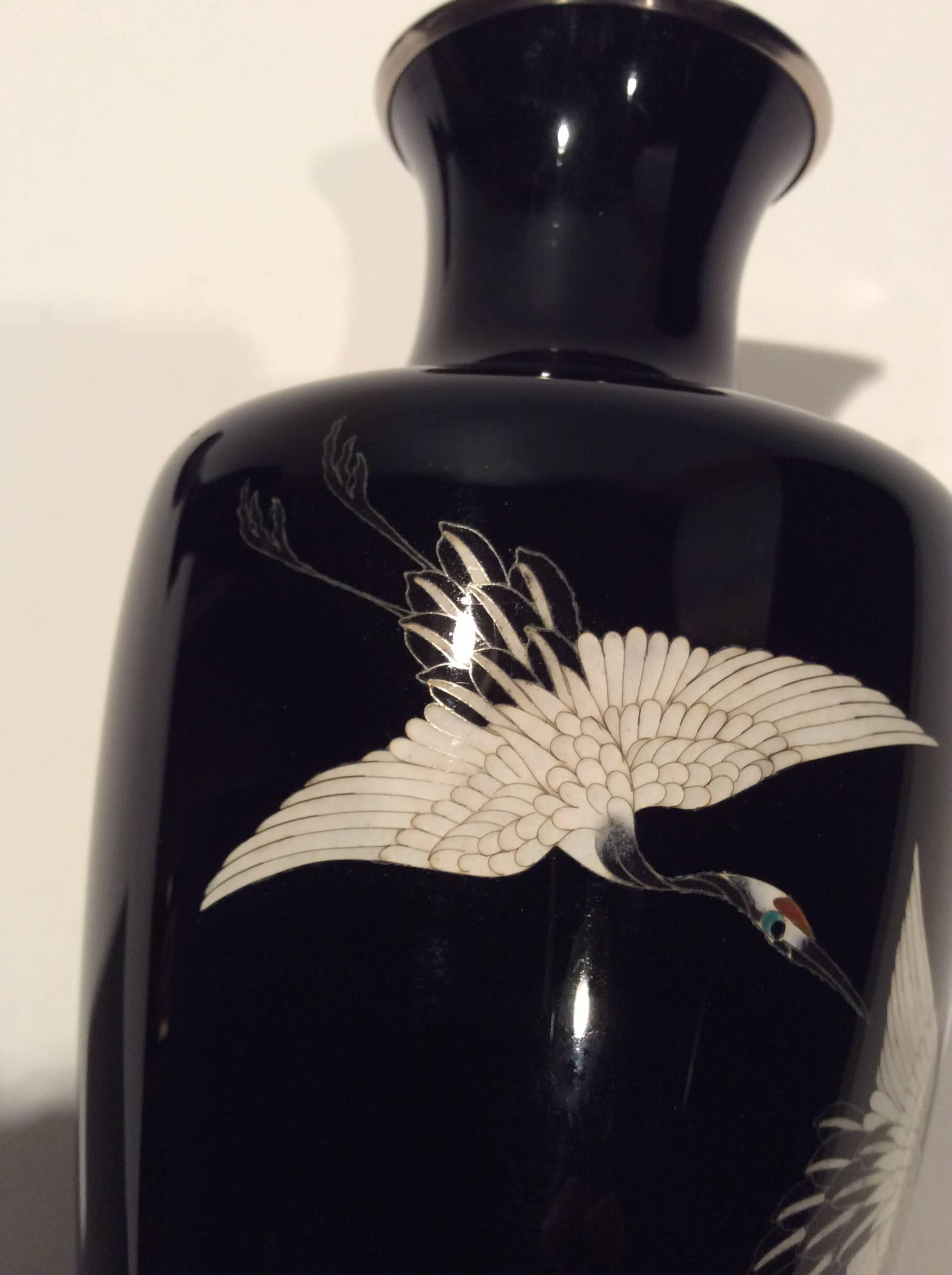 Pair of 20th Century Japanese Cloisonné Vases Flying Crane For Sale 1