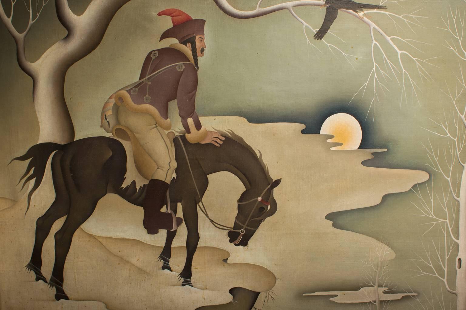 Barna Basilides, 1948. Hungarian painter 1903-1967, oil on canvas, Mongol horseman at river by moonlight illustrating a folk tale. Beautifully conceived image in a refined color palette. Measures: Image size 33.5