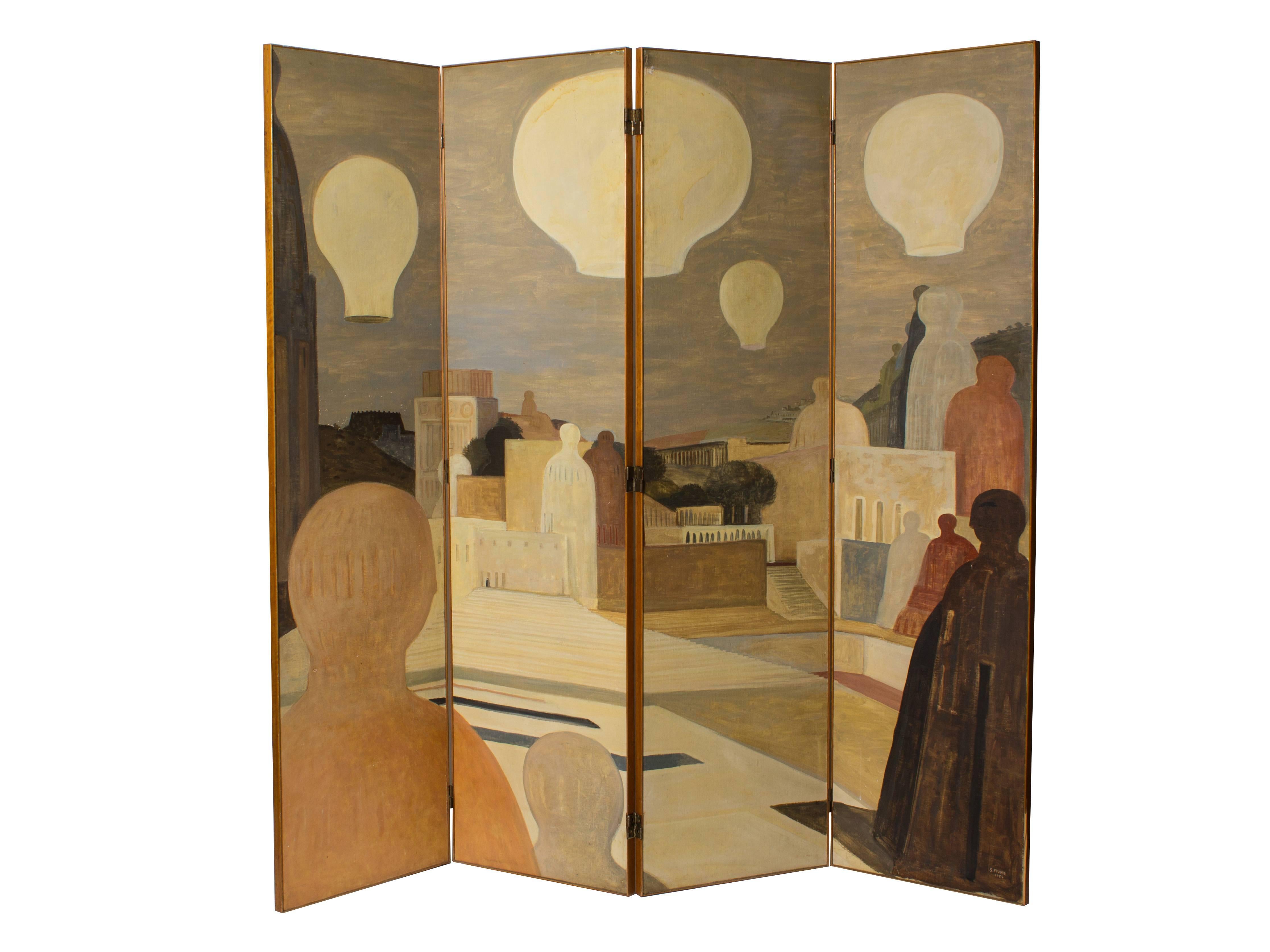 Salvatore Fiume, Italian (1915-1997) double hinged folding screen 1954. Four-panel screen, each panel measures 18