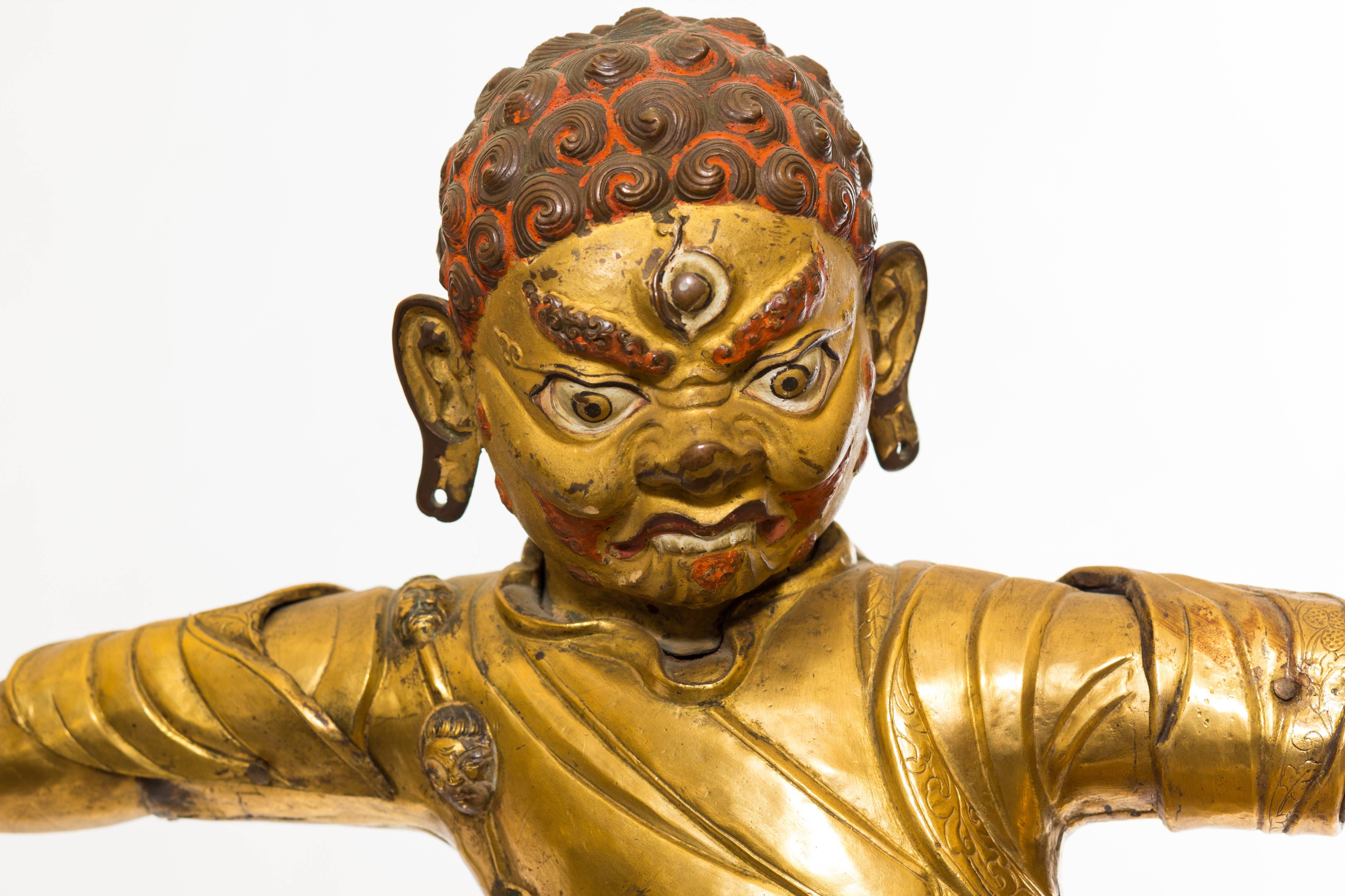 Repoussé Tibetan Dharmapala on Tiger Gilt Copper For Sale
