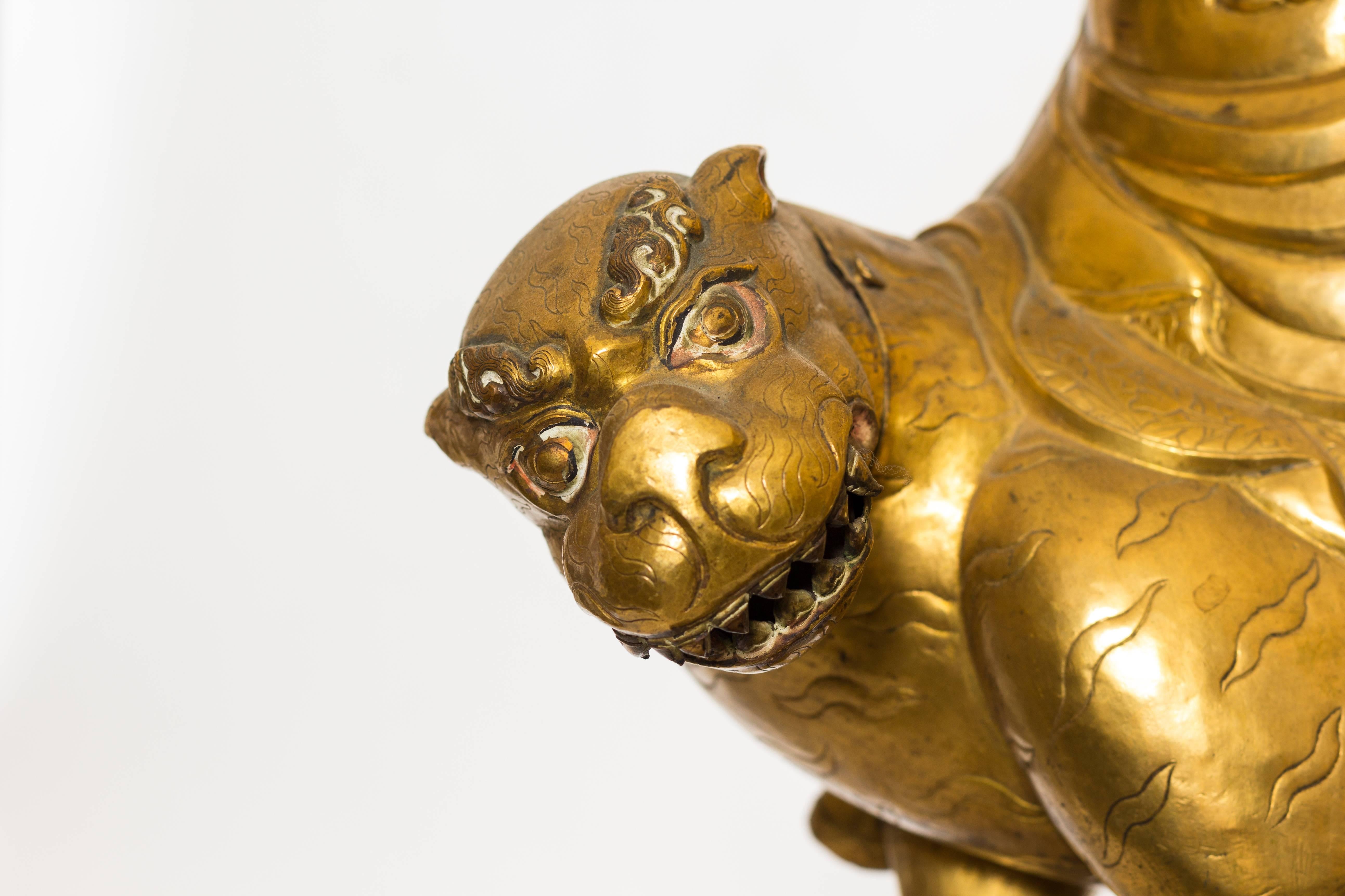 Tibetan Dharmapala on Tiger Gilt Copper In Excellent Condition For Sale In New York, NY