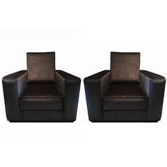 Pair of Black Velvet Art Deco Armchairs, Reupholstered