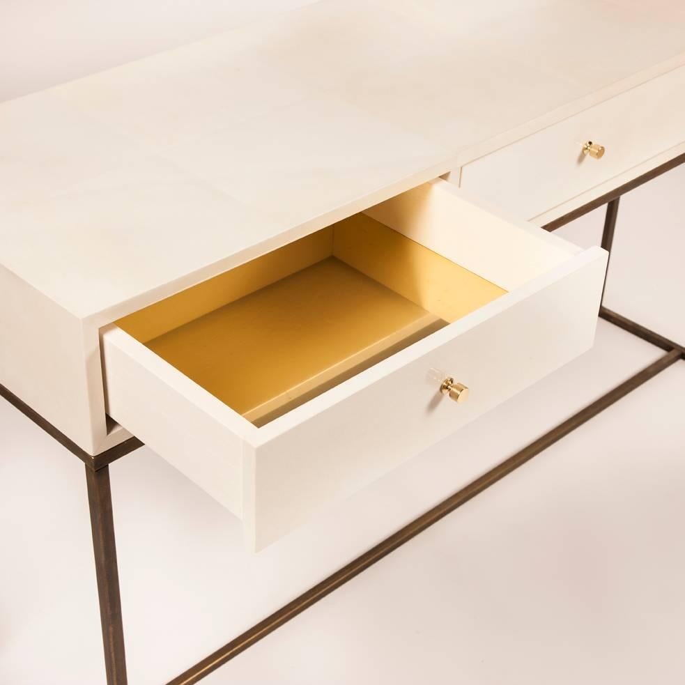 Bronzed White Piano Lacquered Olivia Console Table with Vellum Parchment Detail