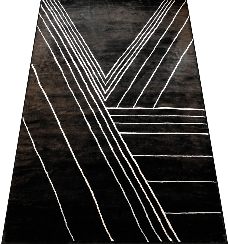Black Hand Knotted Viscose Linear Geometric Rug For Sale at 1stdibs
