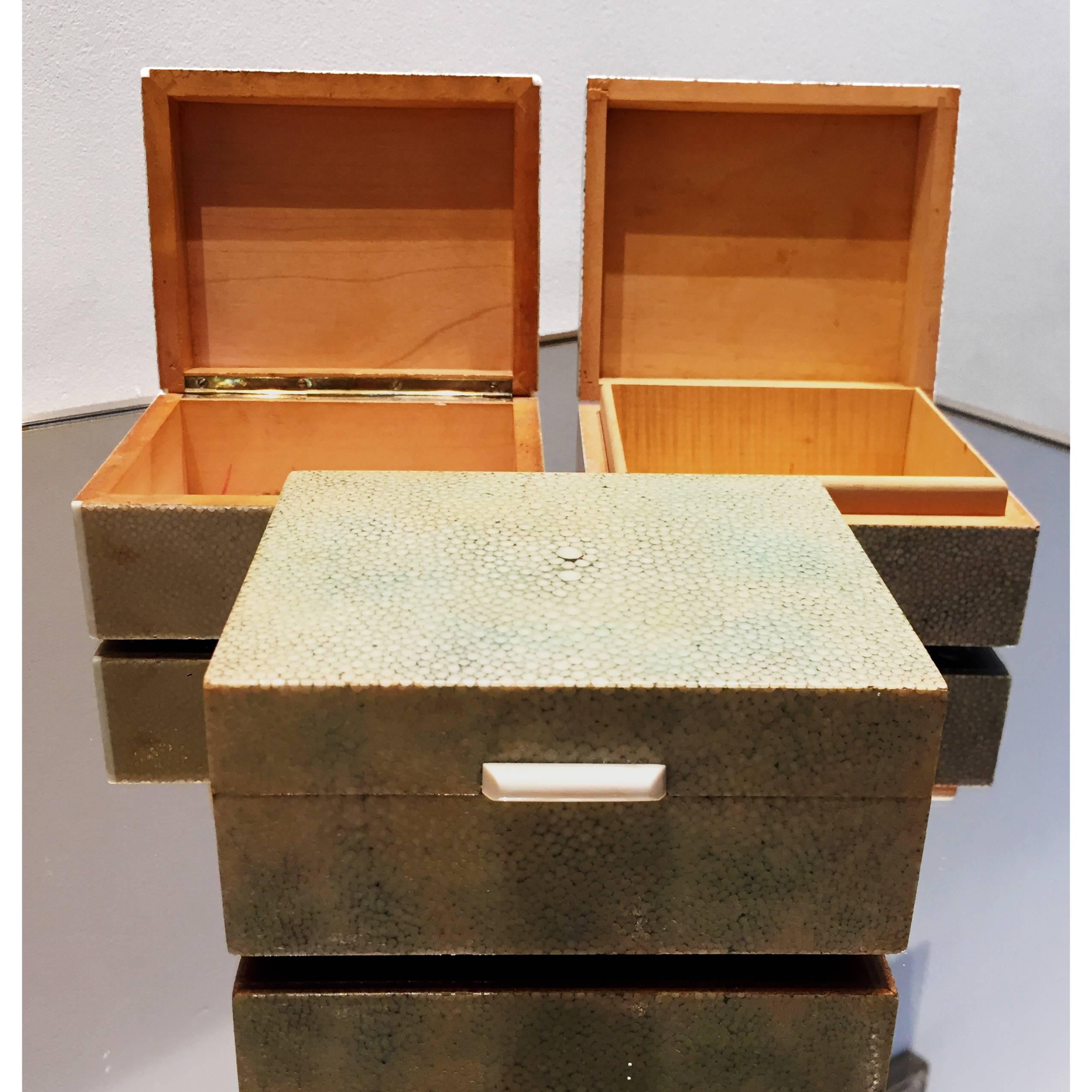 1920s Art - Deco shagreen trinket boxes. Highly collectable, in three beautiful neutral colors. Perfect vintage condition.