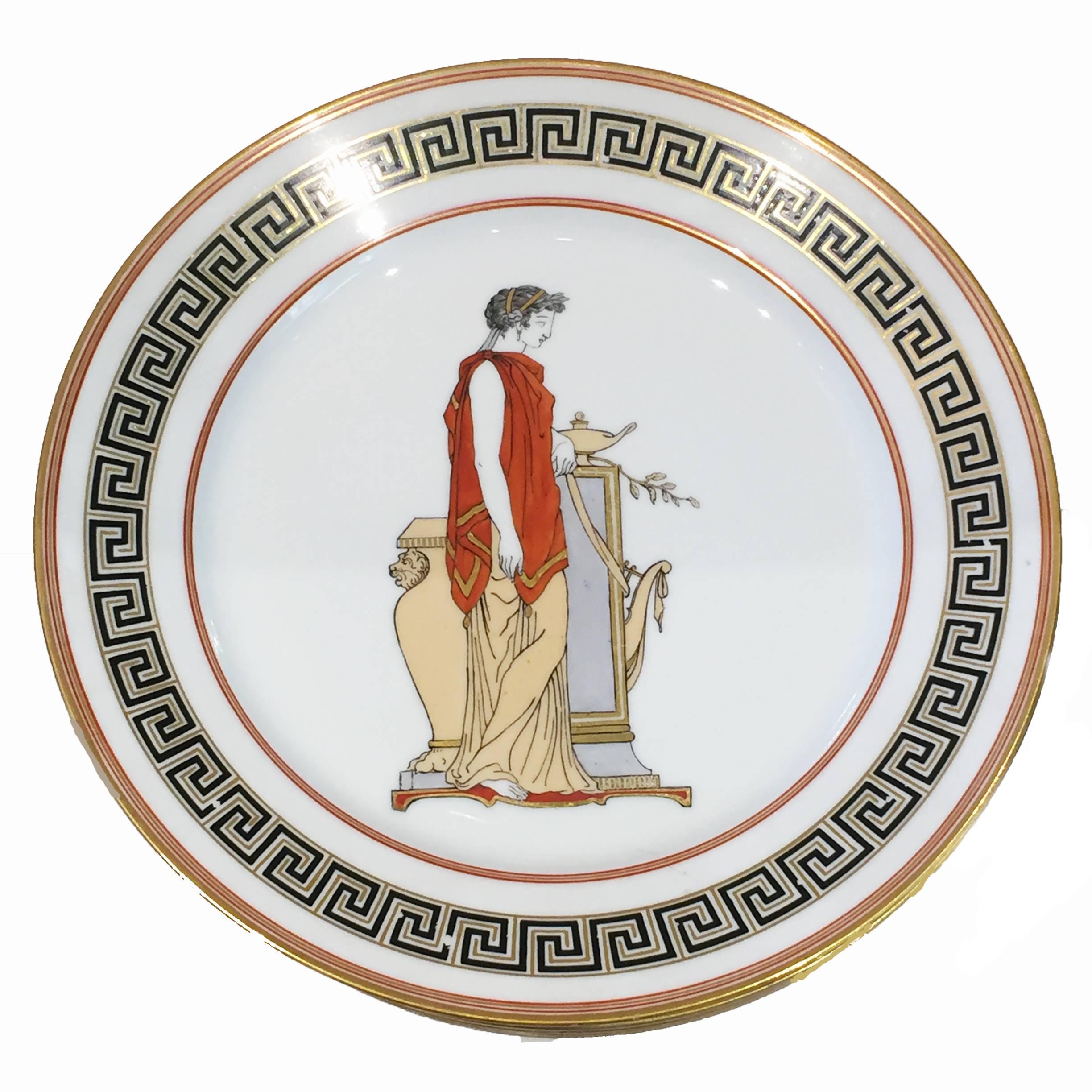 Set of six, neoclassical plates featuring hand-painted gods and goddesses with a gold trim, made in Italy. (Sold as a set of six) Very good vintage condition.