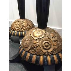 Pair of Black and Gold Art Deco Floor Lamps, Featuring Carved Decorative Bases