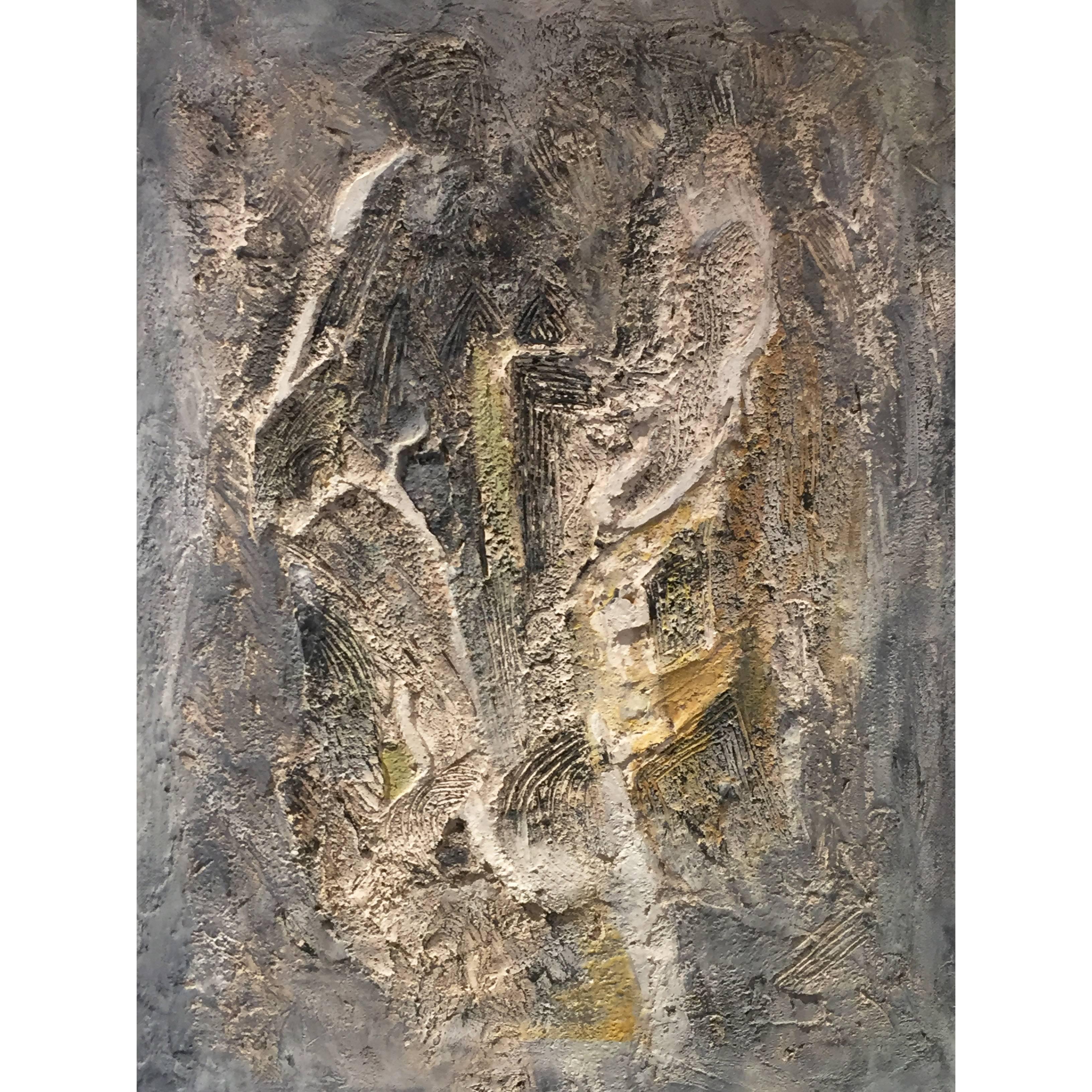 Abstract artwork by David Carr (British, 1915-1968) featuring a range of different elements and textures. Plaster and acrylic paint applied using palette knife in a mixed experimental way. Signed original artwork.