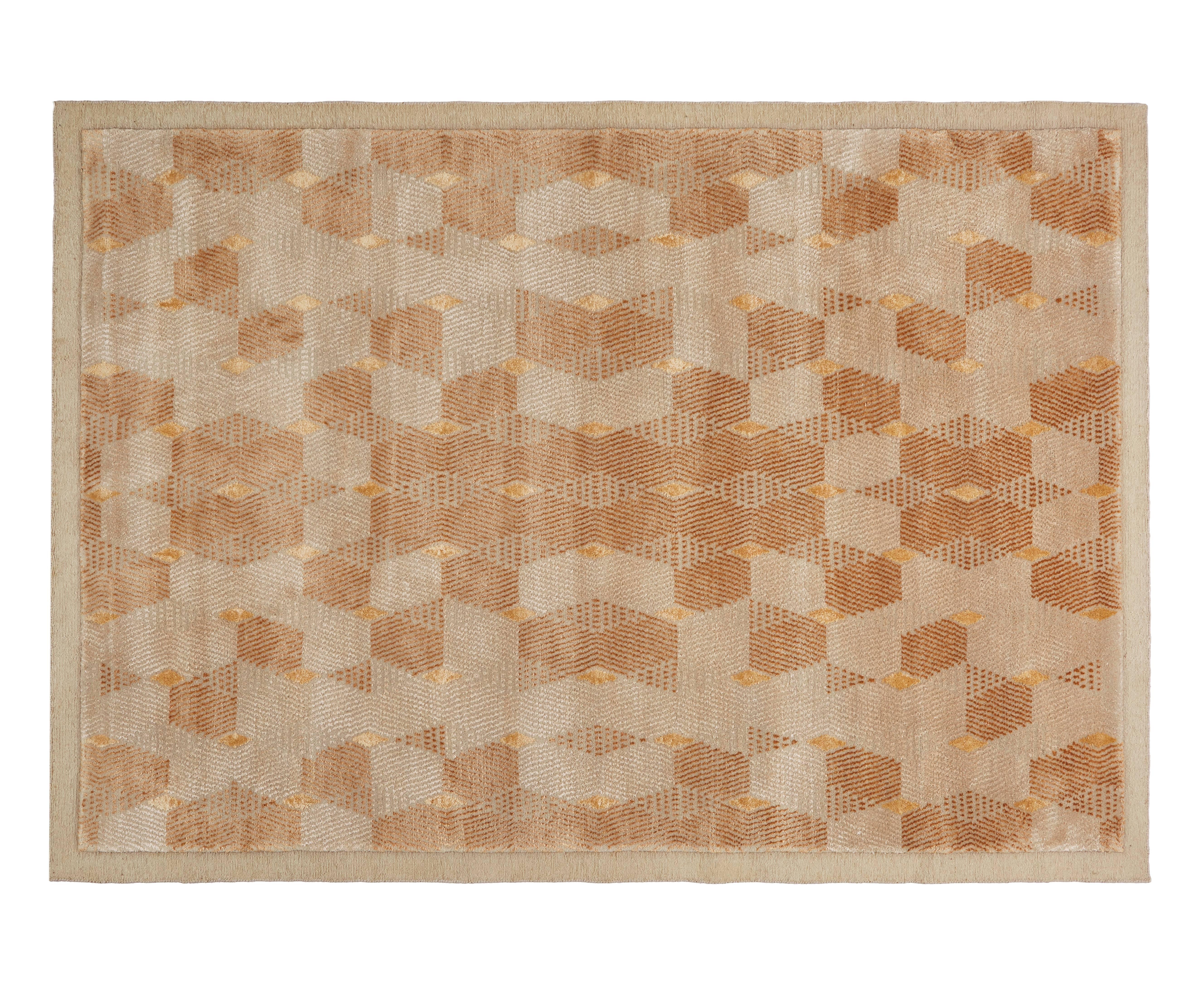 Hand-knotted (80 knots/inch2) pure New Zealand wool and viscose Soumak rug. Bespoke contemporary design featuring Birgit Israel signature honeycomb pattern. 

Made specifically to required dimensions with alternative colour variations, density and