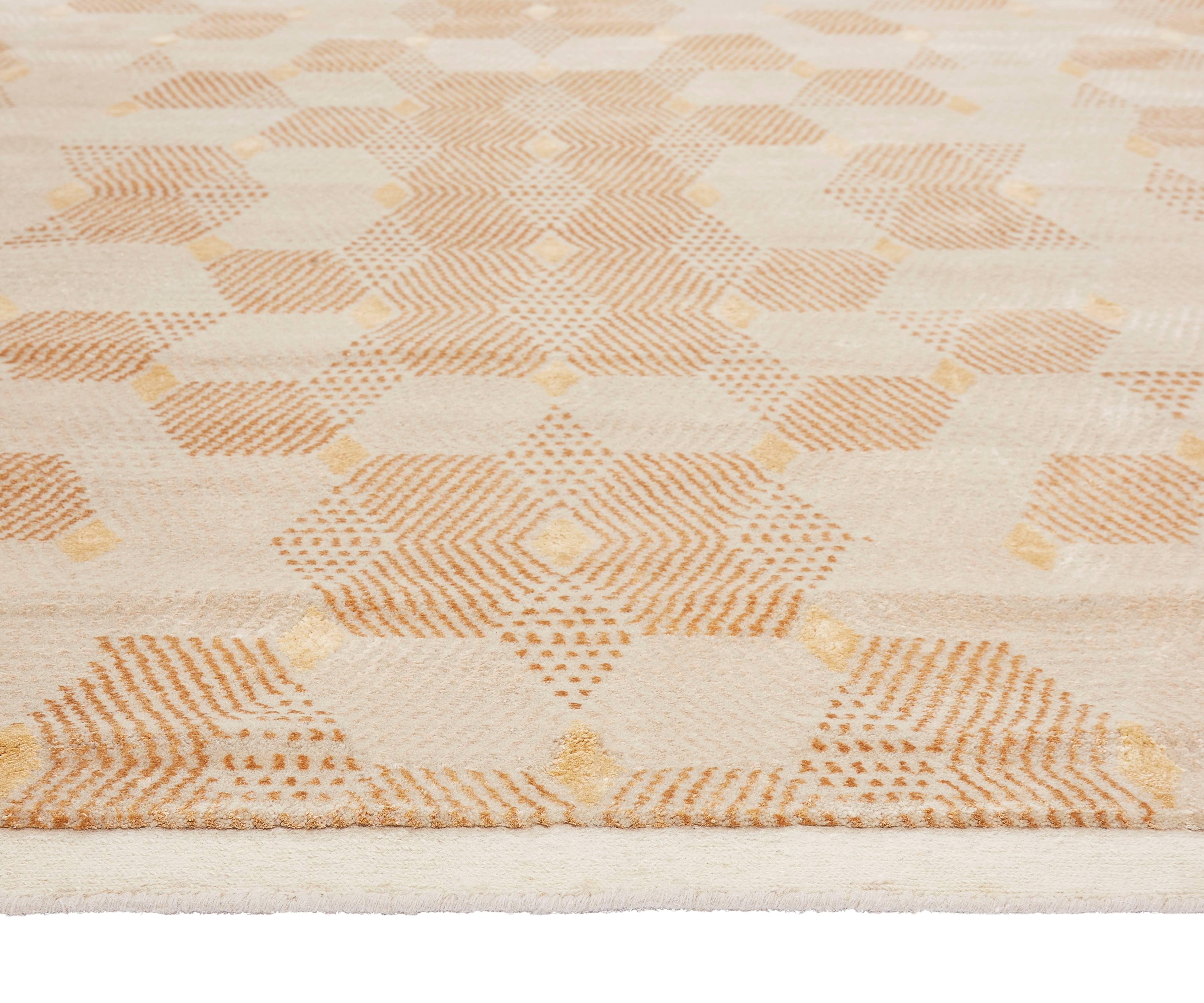 Indian Honeycomb Hand-Knotted Viscose and Wool Geometric Rug with Border For Sale