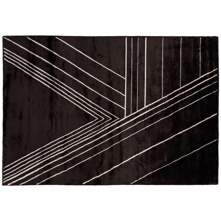 Black Hand Knotted Viscose Linear Geometric Rug For Sale at 1stDibs