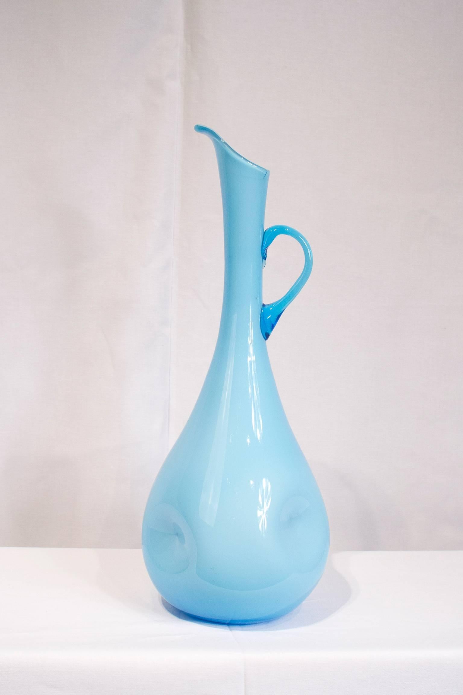 Mid-Century Modern Empoli Cased Blue Art Glass Pitcher